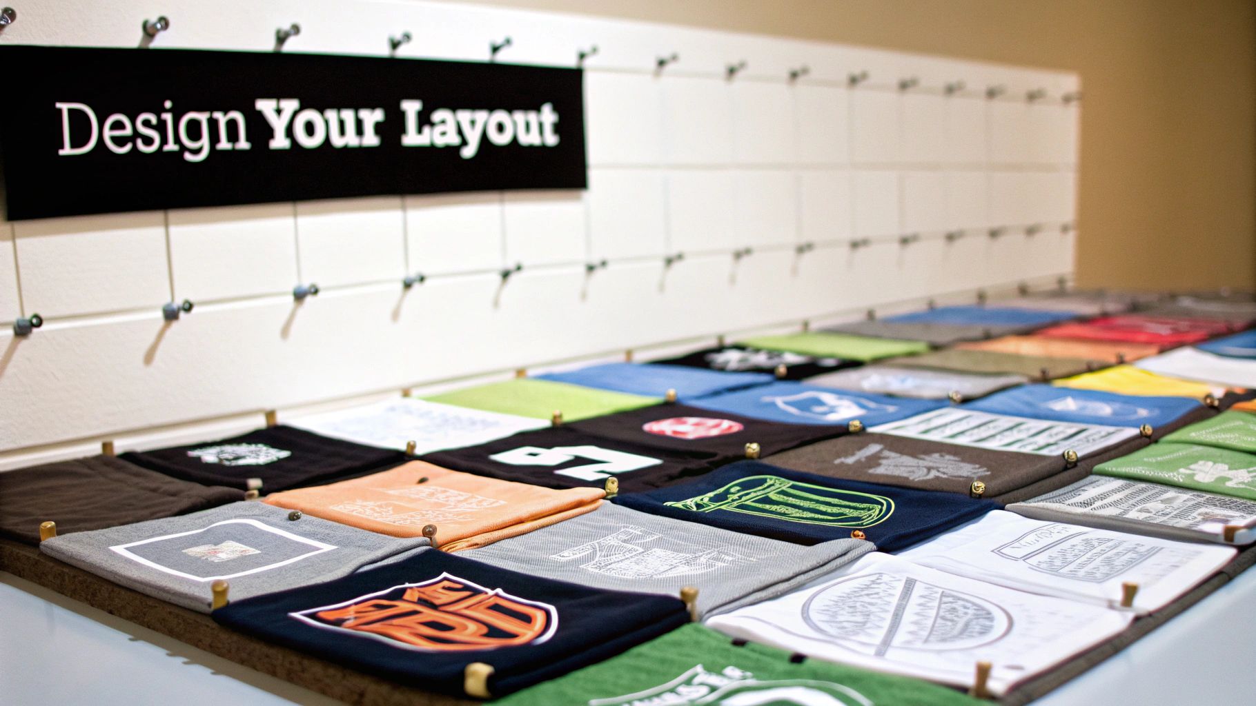 Folded t-shirts with diverse designs arranged in a grid, inviting visitors to design their own layout.
