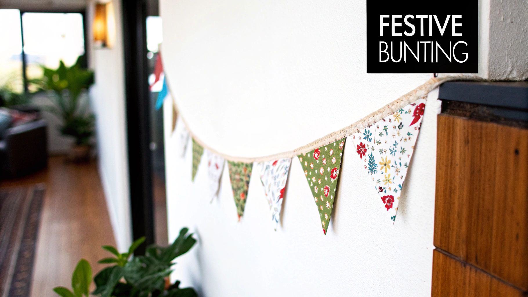Colorful fabric bunting with festive floral patterns hanging on a white wall in a cozy indoor setting.