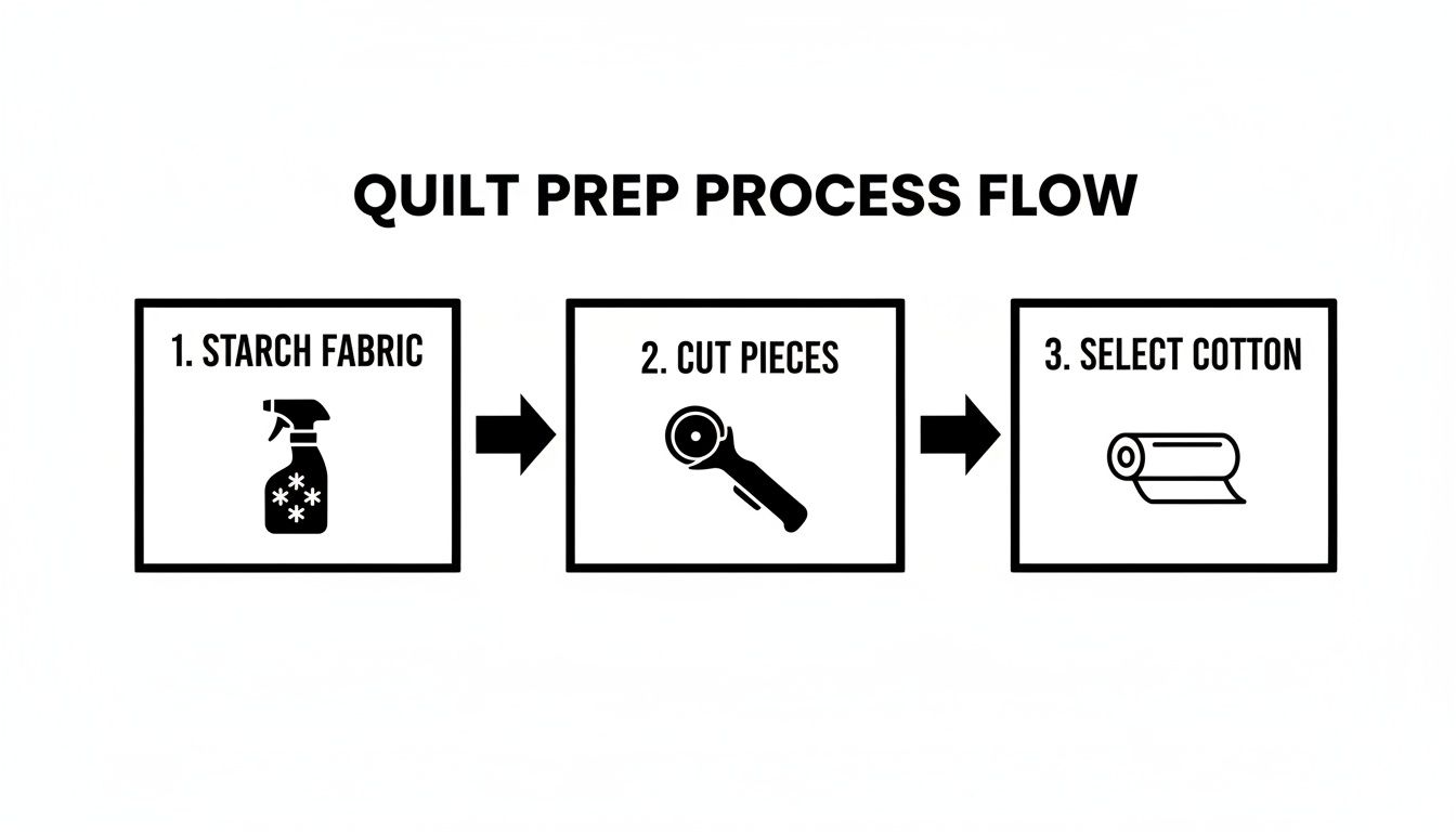 A quilt preparation process flow showing steps: starch fabric, cut pieces with a rotary cutter, and select cotton.