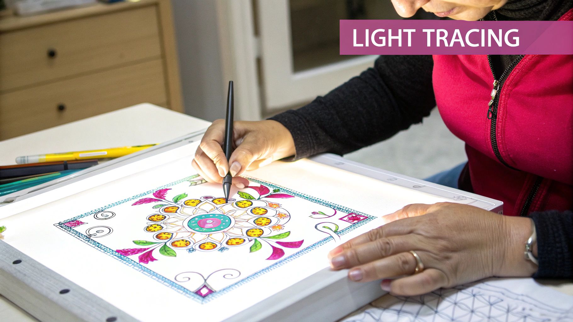 A person tracing an embroidery pattern onto fabric using a lightbox.