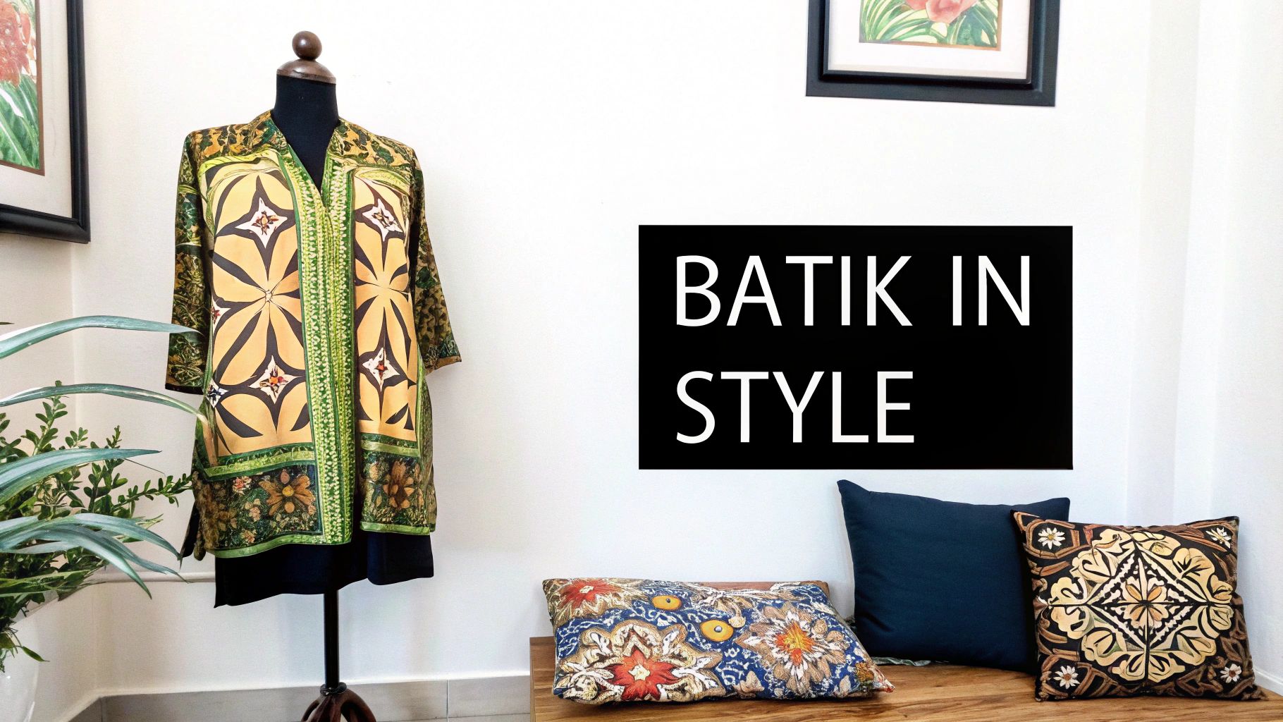 A person wearing a modern, stylish jacket made from vibrant batik fabric.
