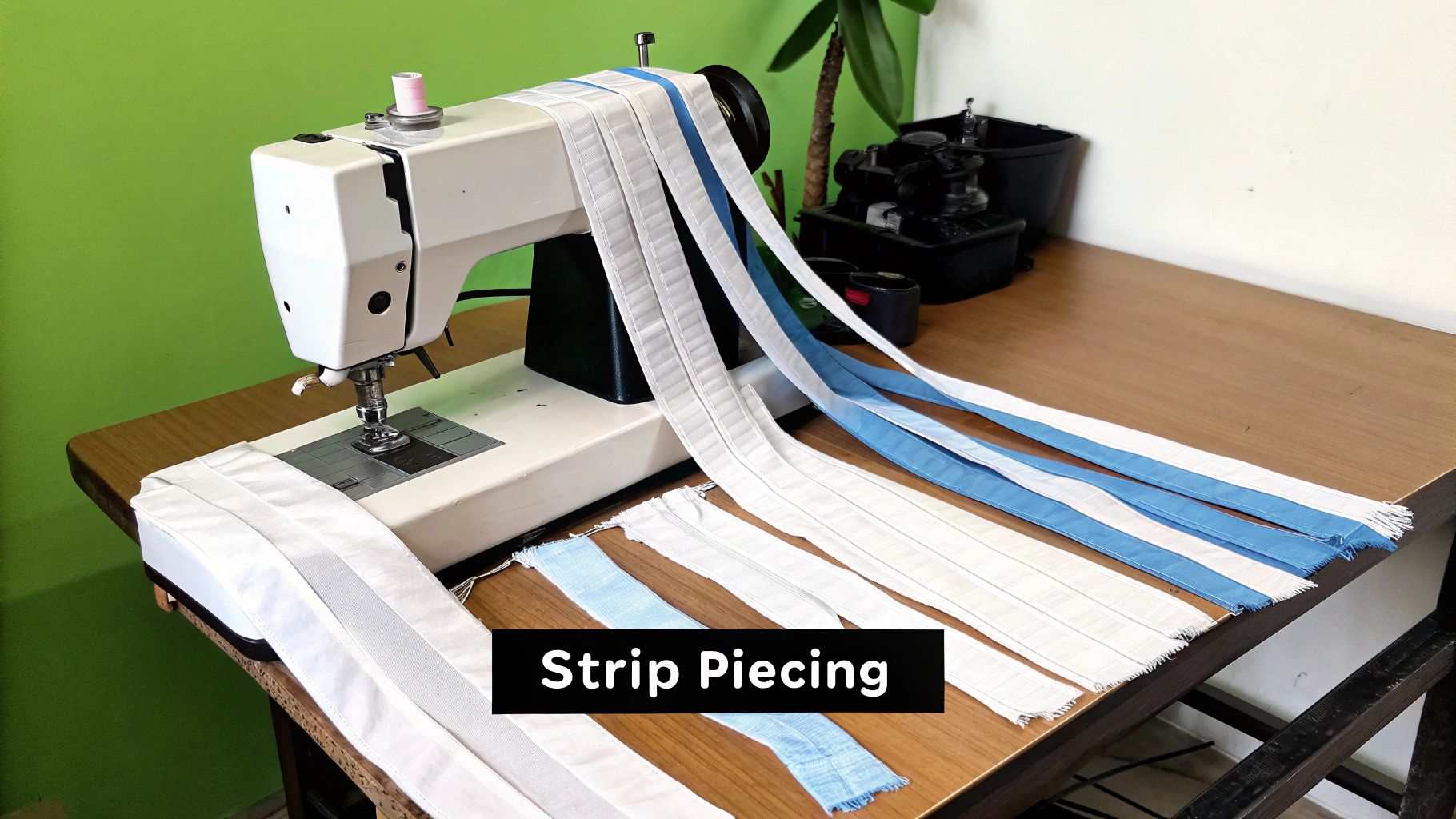 A sewing machine on a wooden table with long white and blue fabric strips for strip piecing.