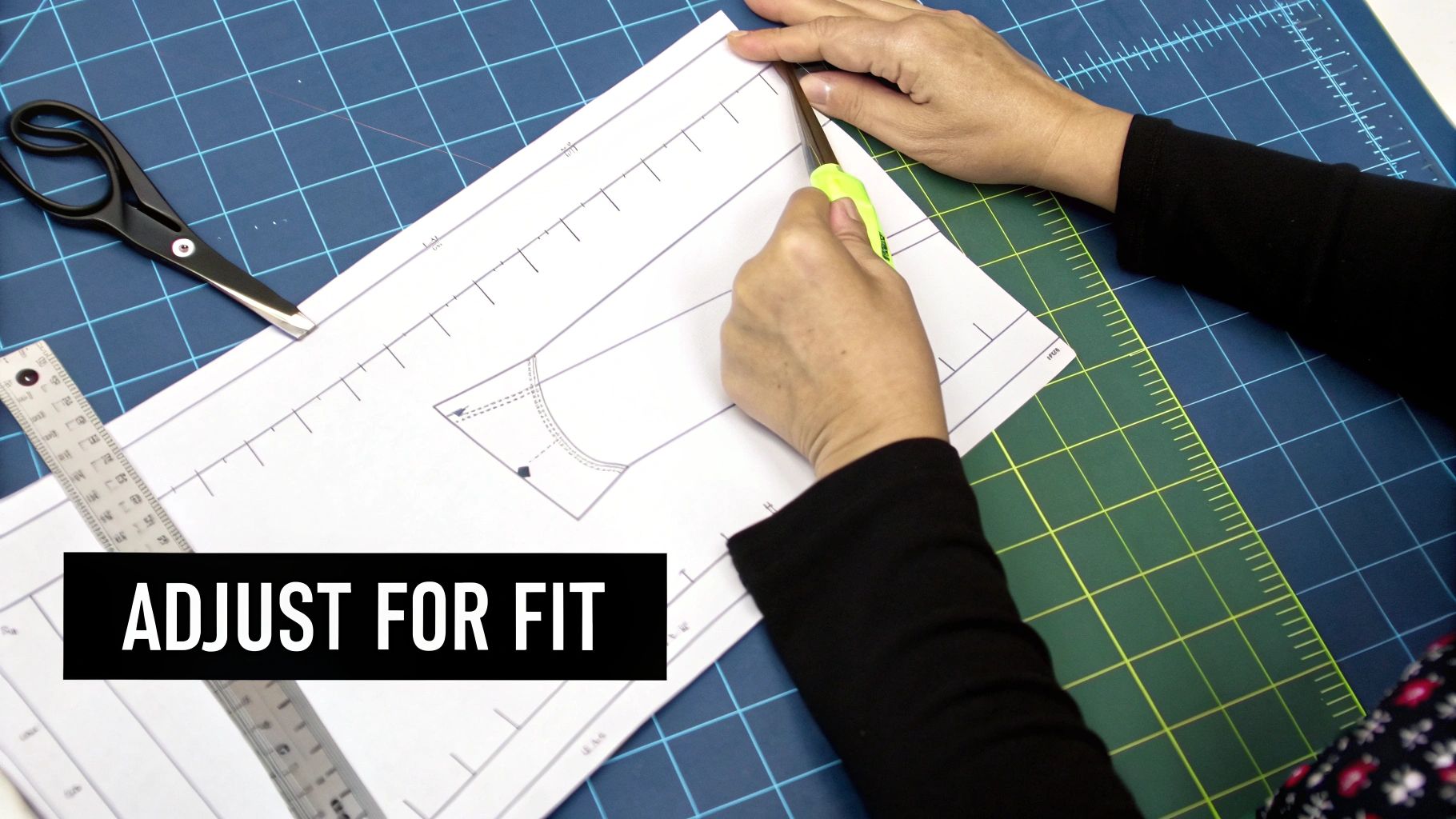 A sewer making marks and adjustments on a sewing pattern laid out on a table.
