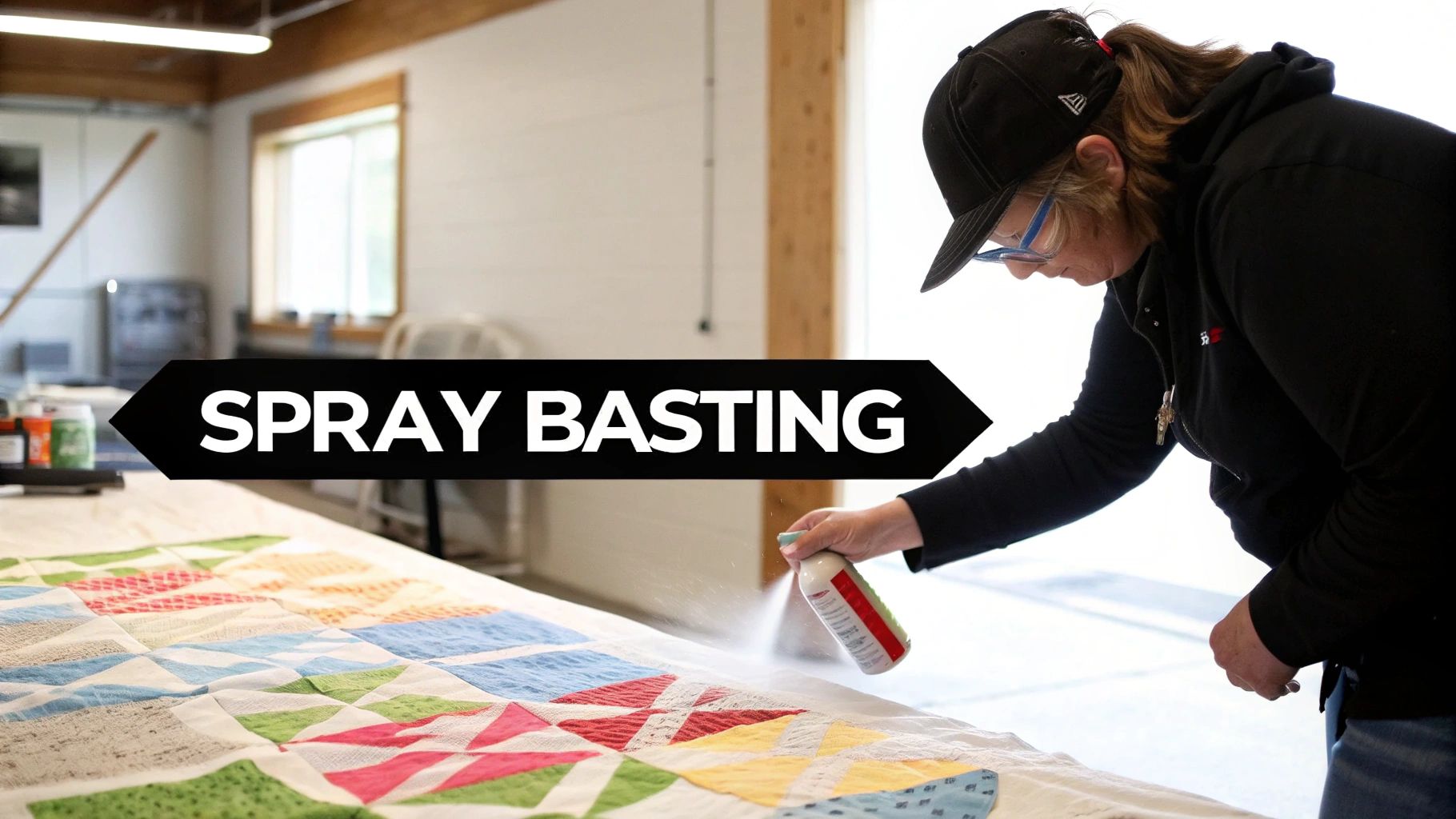 Quilter spray basting colorful quilt pieces on work table in bright studio workshop