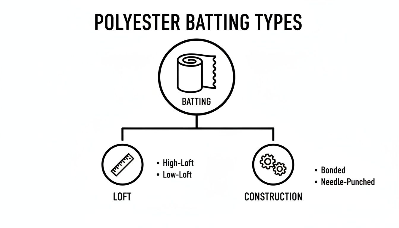 Diagram illustrating polyester batting types, categorized by loft (high-loft, low-loft) and construction (bonded, needle-punched).