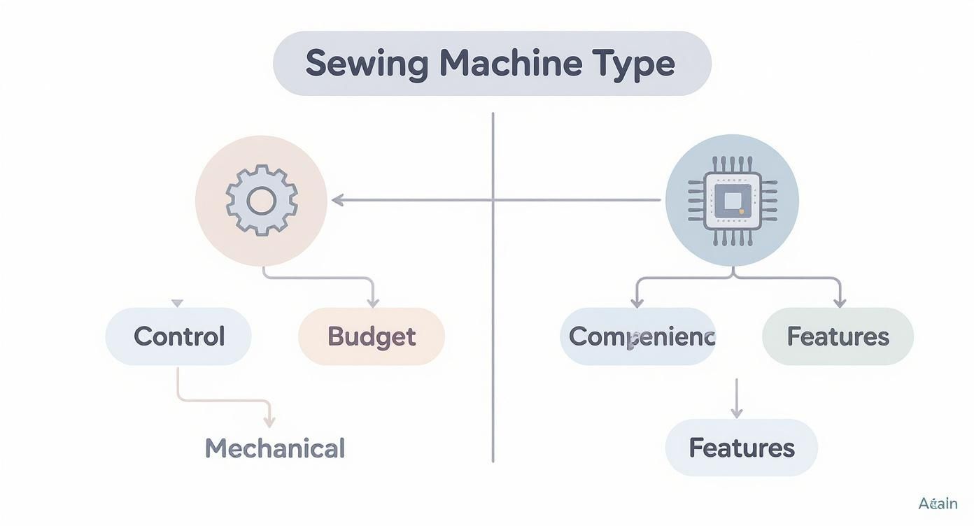 Mind map illustrating sewing machine types, categorized by mechanical (control, budget) and electronic (convenience, features) aspects.