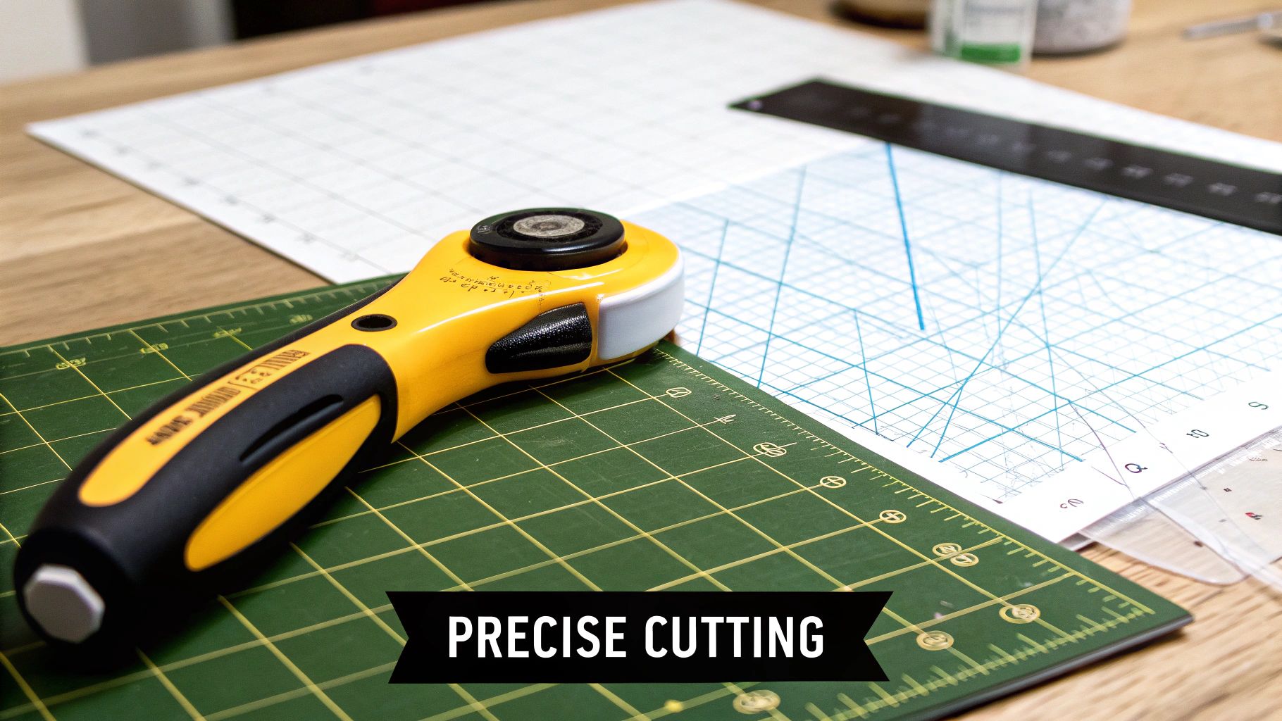 A rotary cutter, quilting ruler, and self-healing cutting mat arranged on a table with fabric.