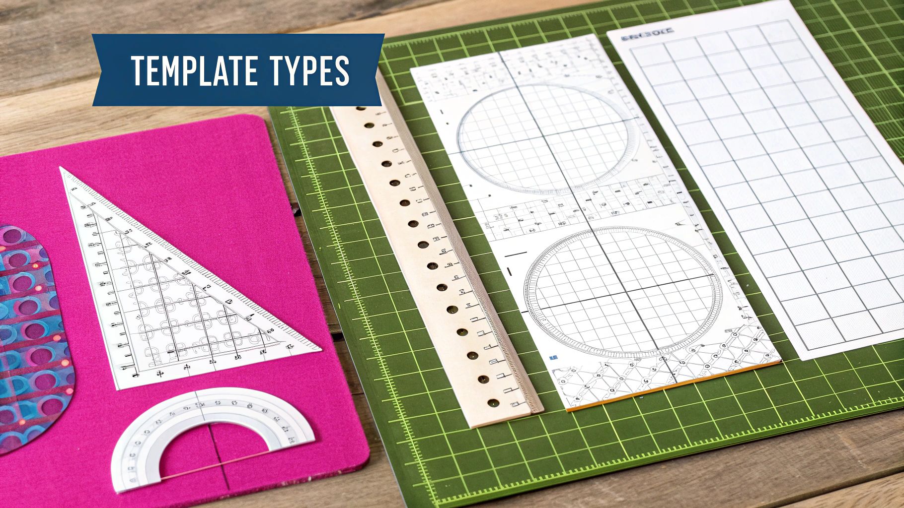 A collection of various ruler quilting templates in different shapes and sizes laid out on a fabric surface.