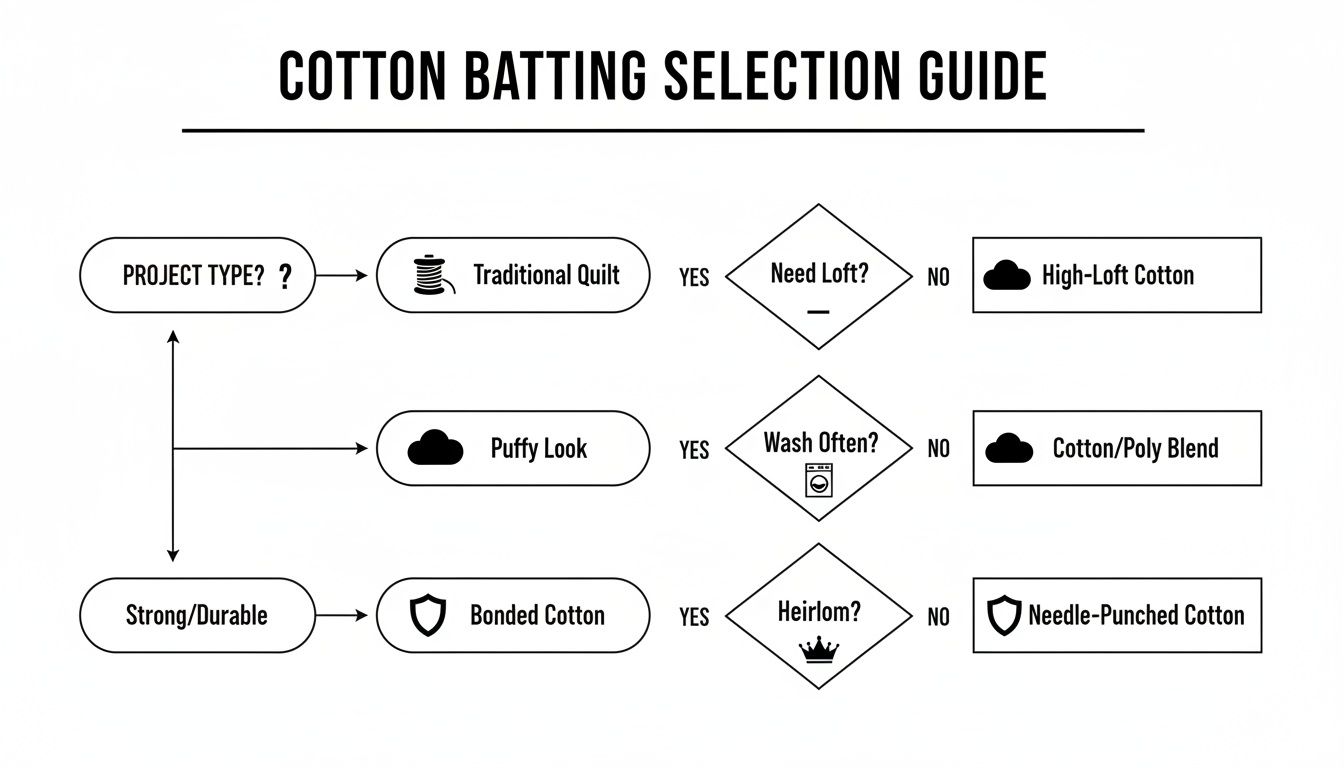Flowchart guiding the selection of cotton batting based on project type, look, and durability.