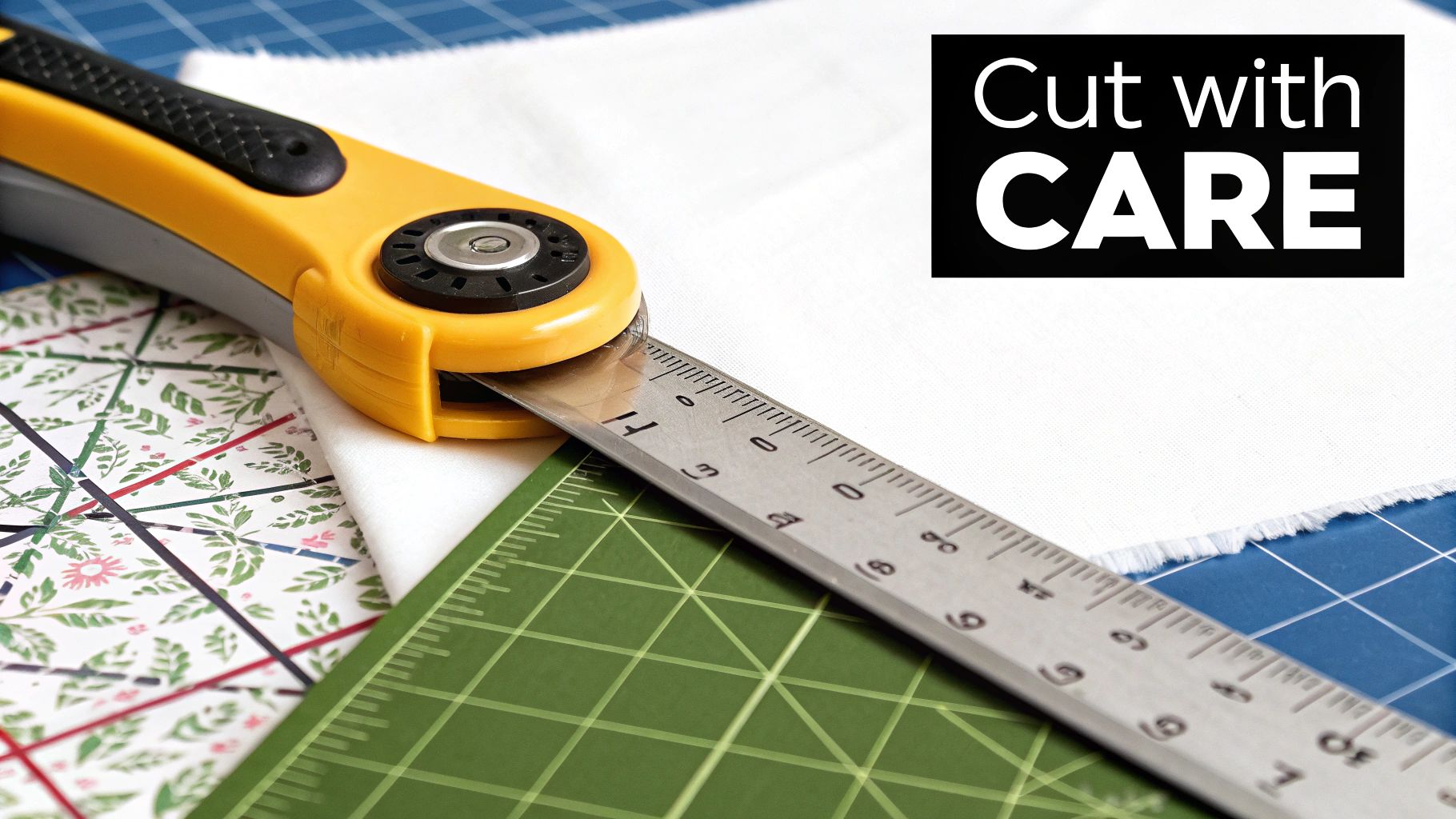 A yellow rotary cutter and metal ruler on a green cutting mat with white fabric.