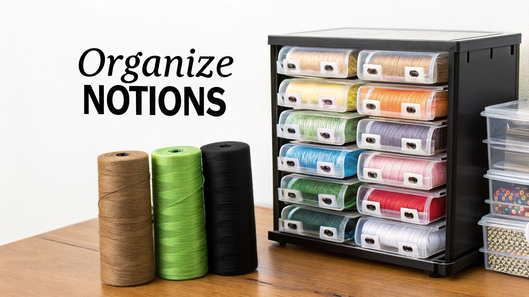 A black storage unit full of colorful ribbon spools, with three large thread spools and 'Organize NOTIONS' text.