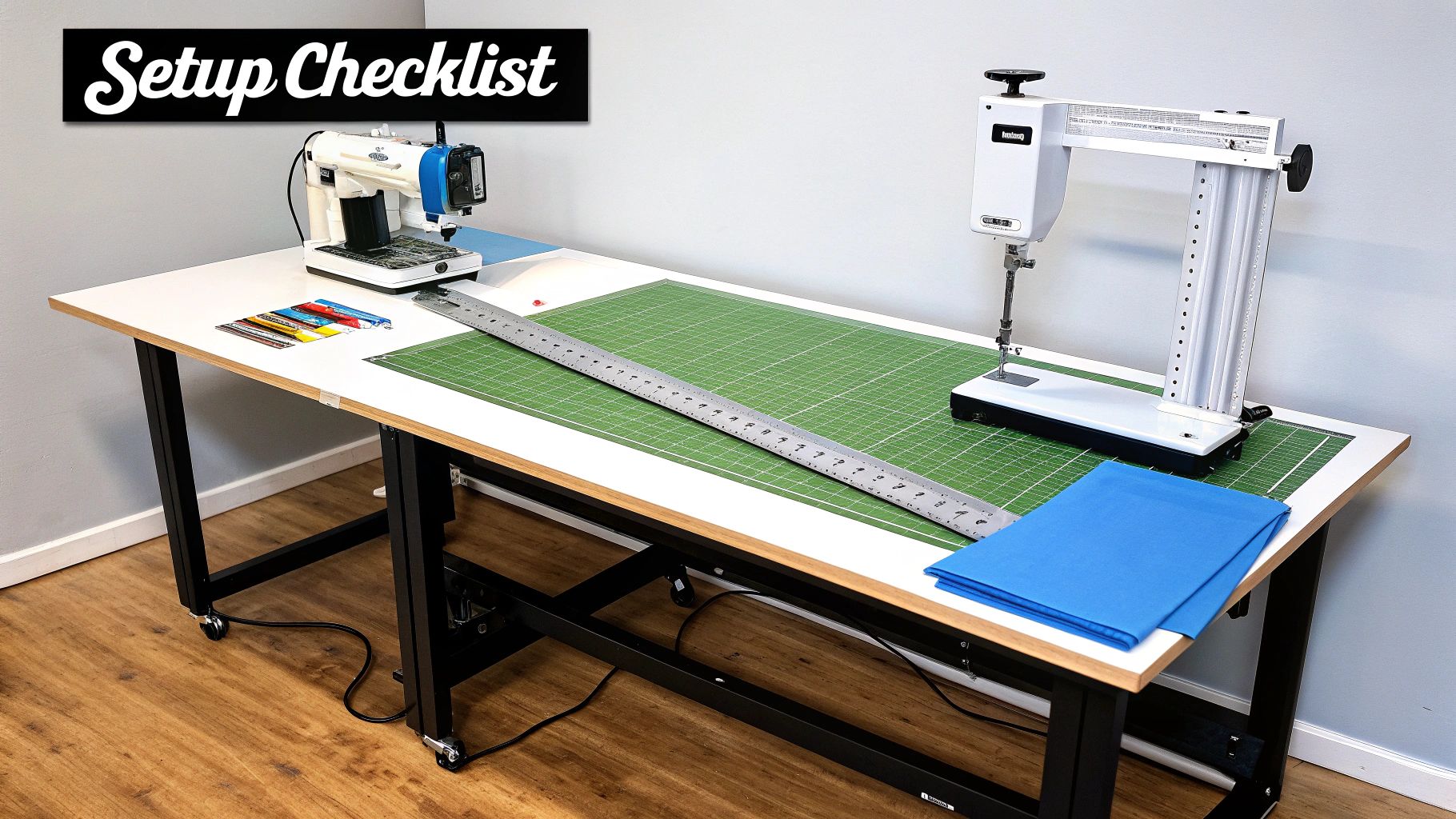 A well-organized longarm quilting workspace with two sewing machines, a cutting mat, ruler, and blue fabric.