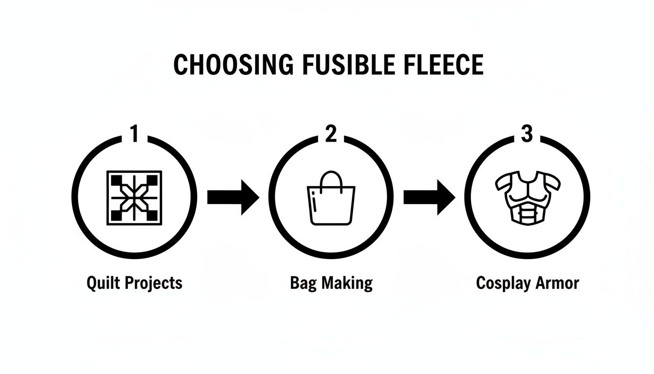 Diagram illustrating three applications for fusible fleece: quilt projects, bag making, and cosplay armor.