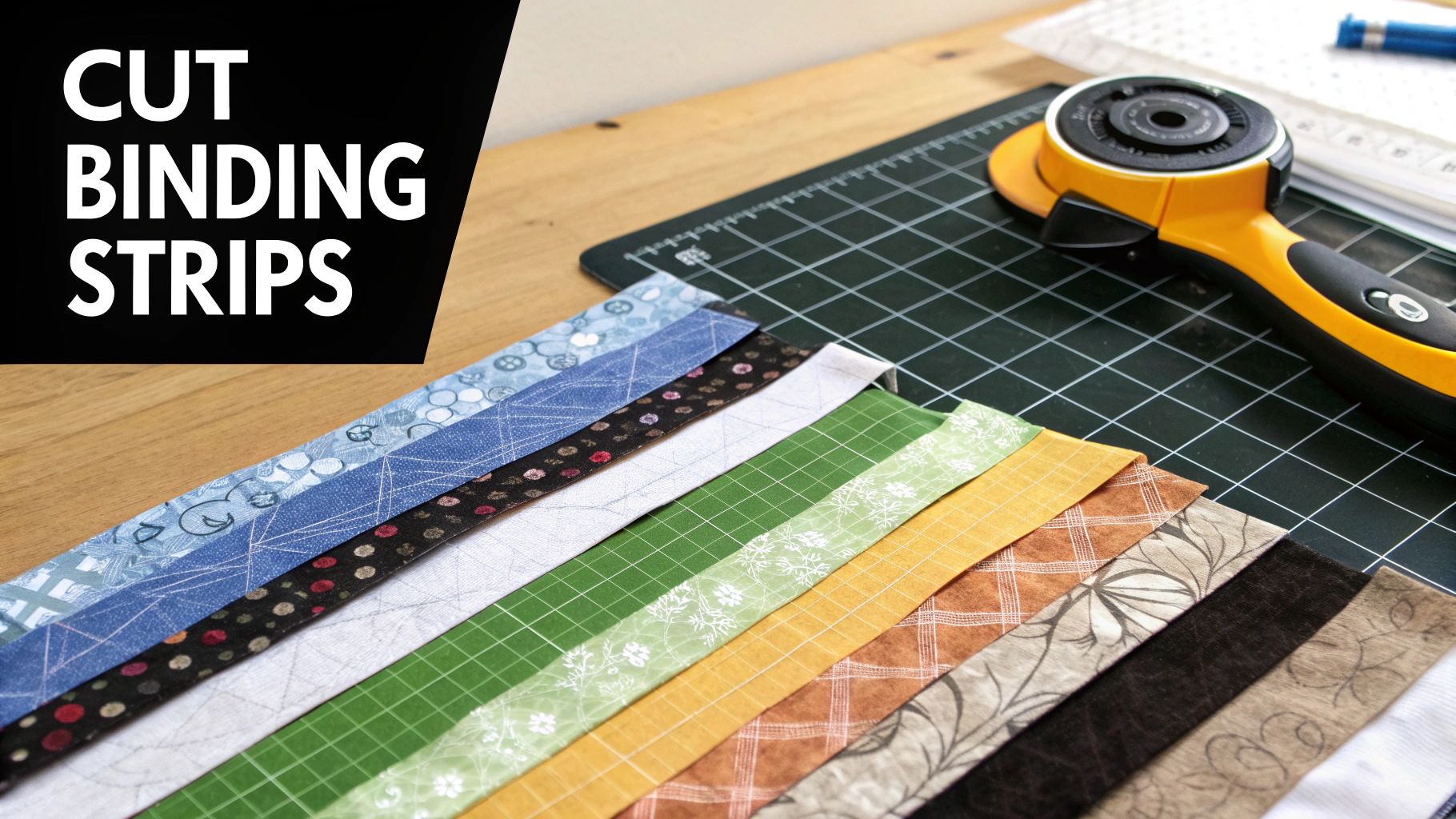A rotary cutter and ruler next to neatly cut fabric strips for quilt binding