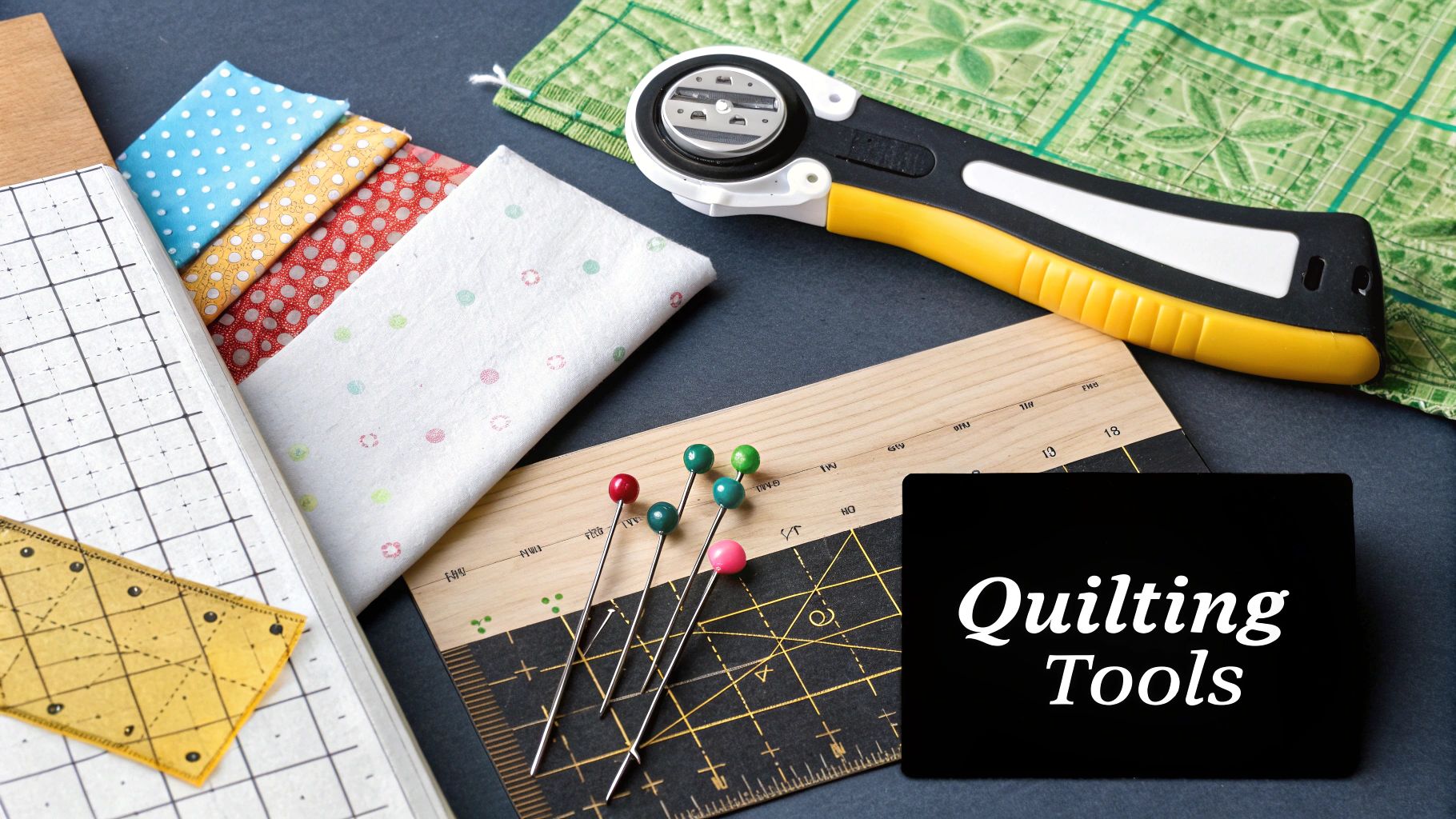 A rotary cutter, self-healing mat, and quilting ruler arranged on a table with fabric.