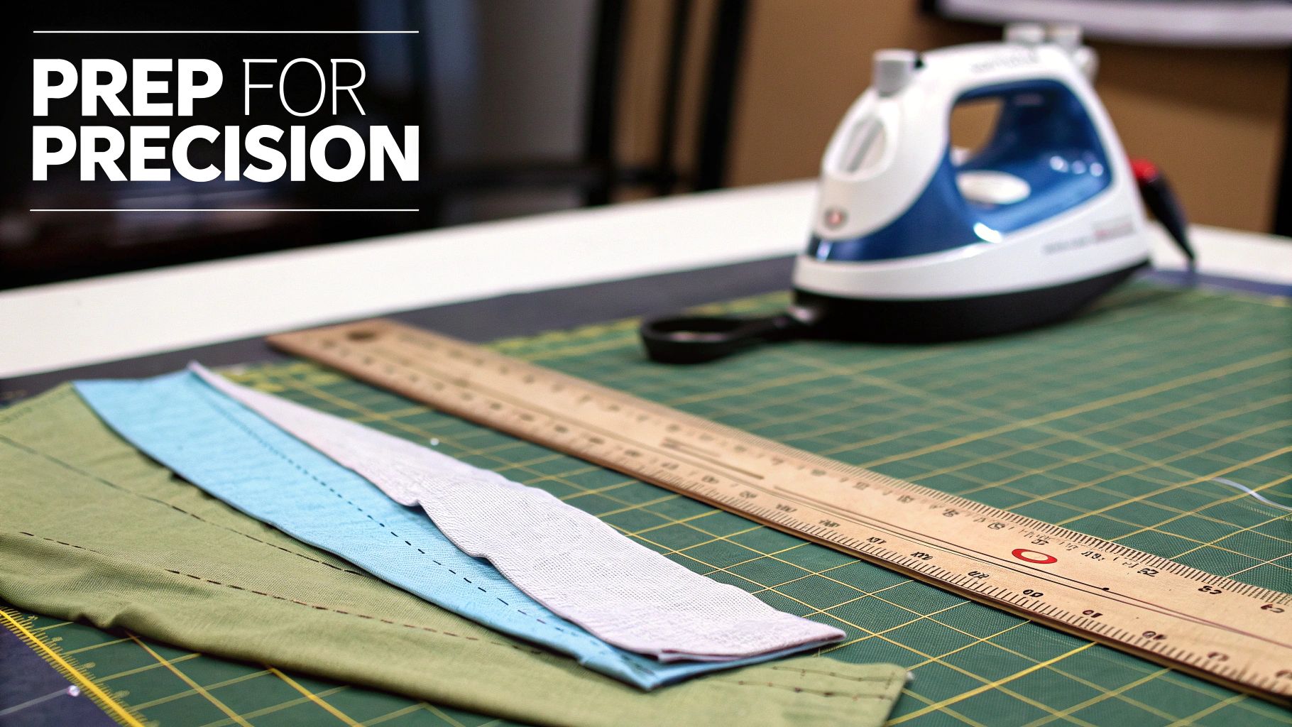 A quilter's hands carefully pressing a piece of patterned fabric with an iron on an ironing board.