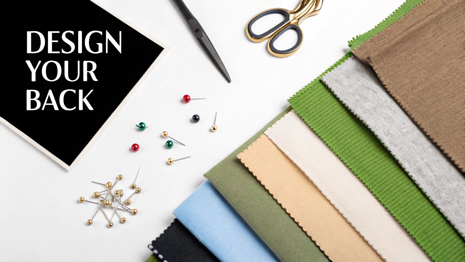 A flat lay of sewing fabrics and tools, including scissors and pins, with a card saying 'DESIGN YOUR BACK'.