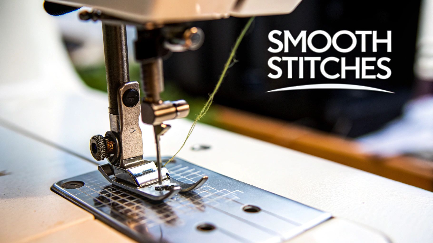 Close-up of sewing machine needle and presser foot with green thread creating smooth stitches