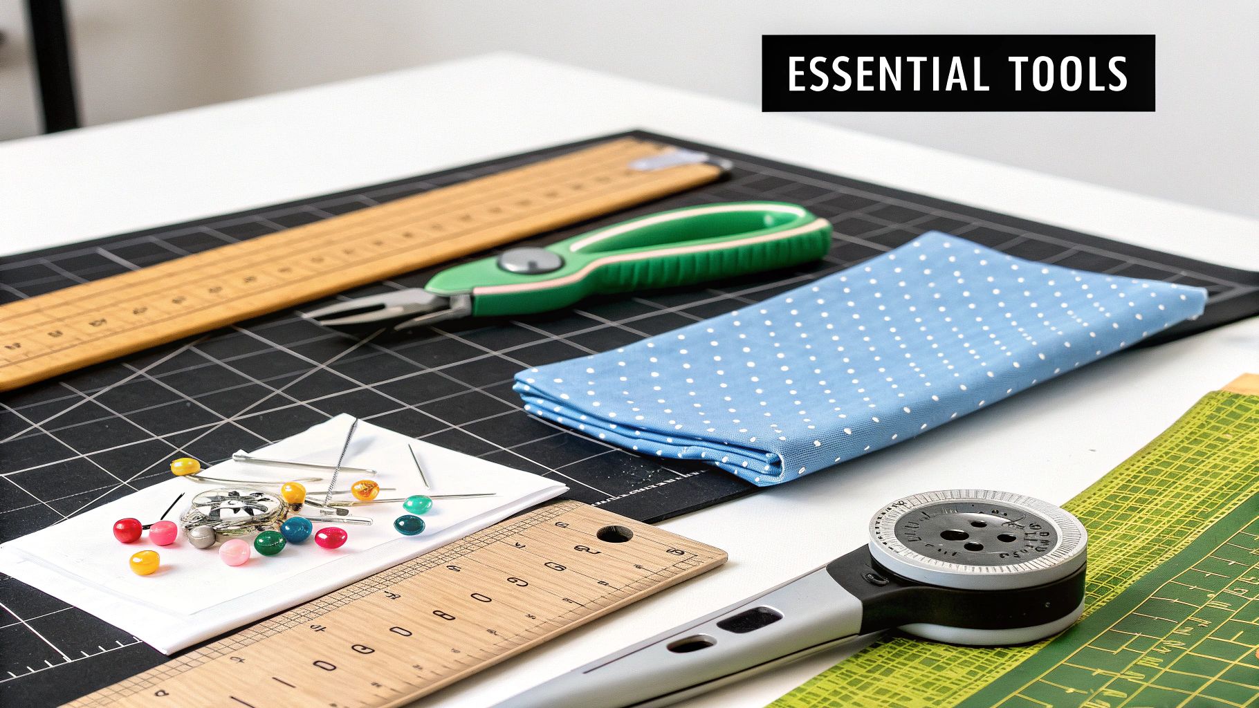 A flat lay of essential sewing and crafting tools, including rulers, pins, fabric, and a rotary cutter on a cutting mat.