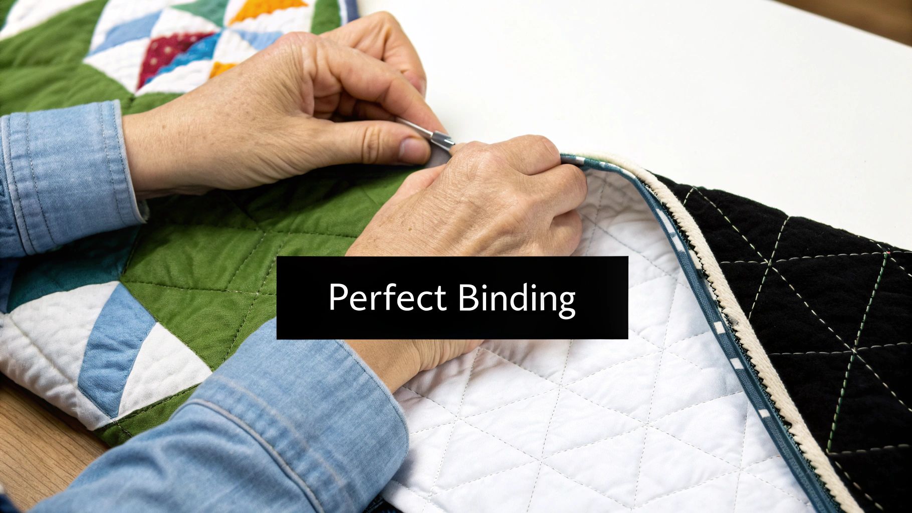 Person's hands meticulously attach binding to the edge of a colorful quilted blanket.