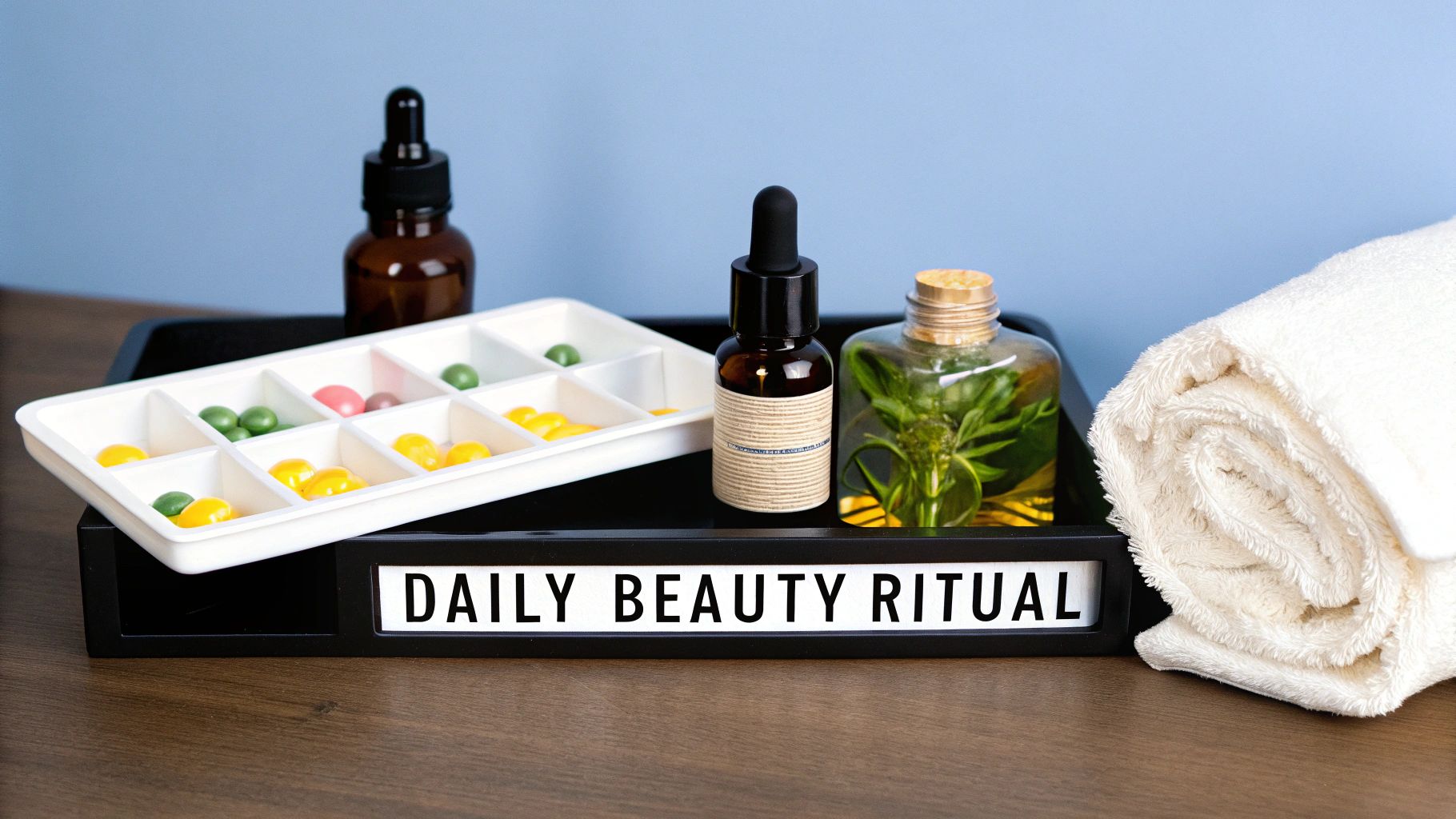Assortment of beauty supplements, serums, and a towel on a tray for a daily ritual.