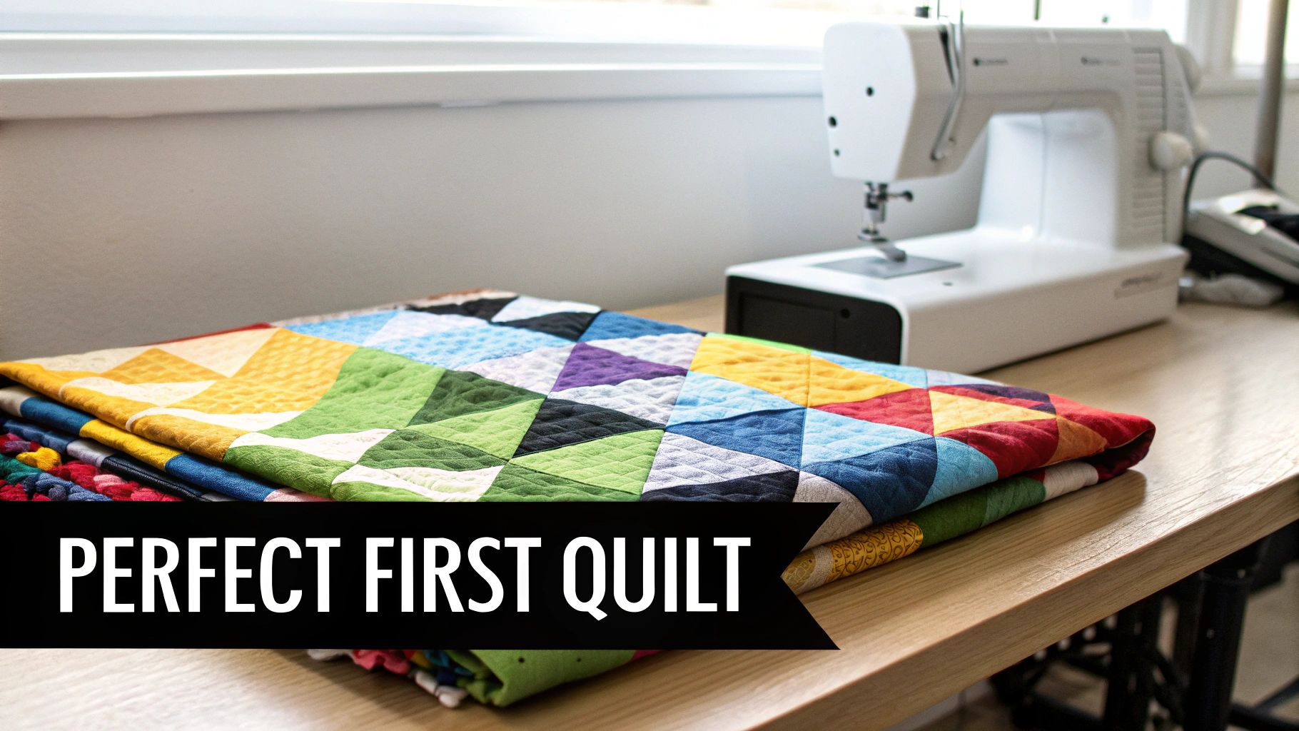 A colorful geometric quilt folded on a wooden table next to a sewing machine, with "PERFECT FIRST QUILT" text.