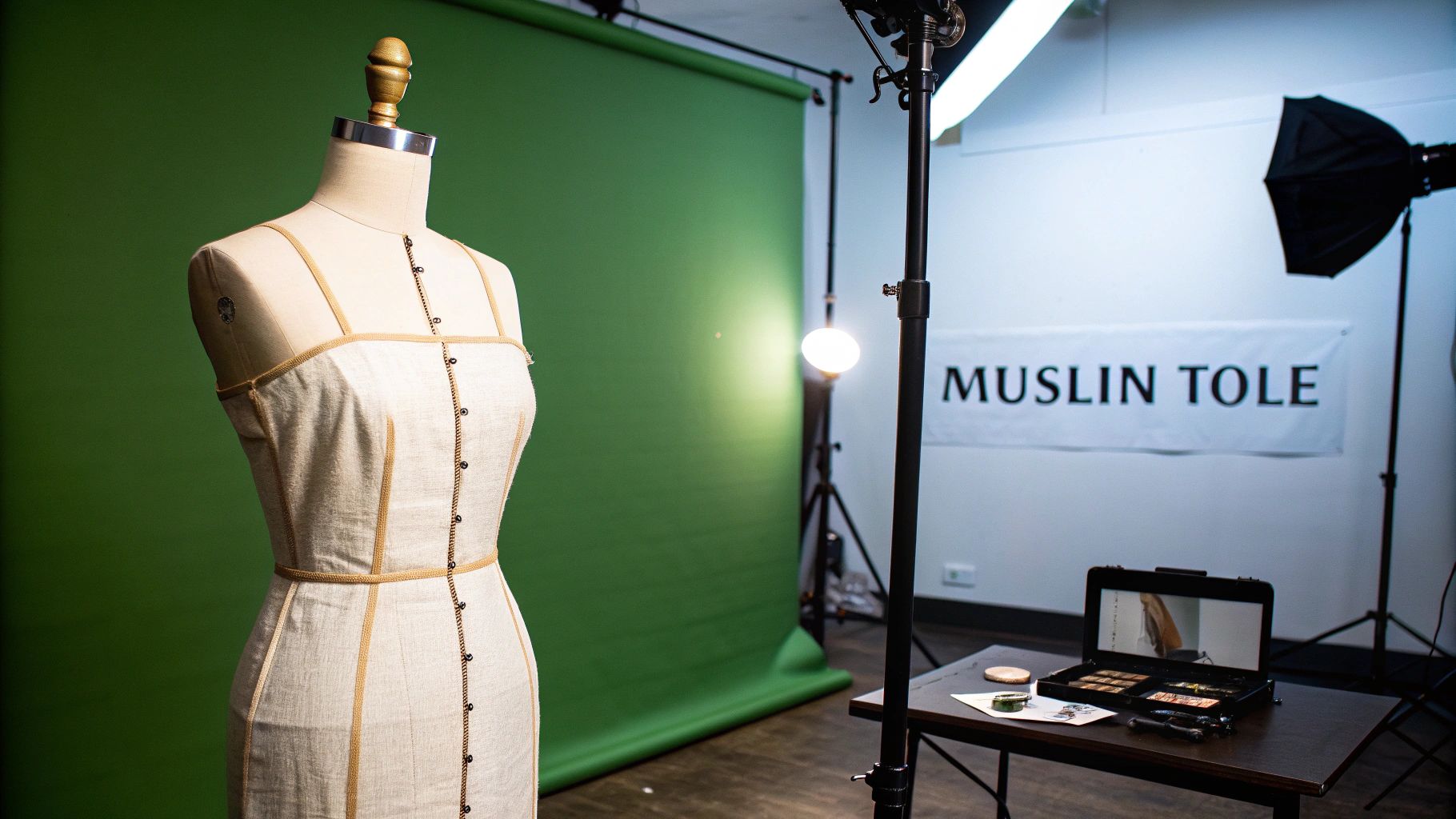 A mannequin wearing a muslin dress stands in a photo studio with a green screen and lighting equipment.