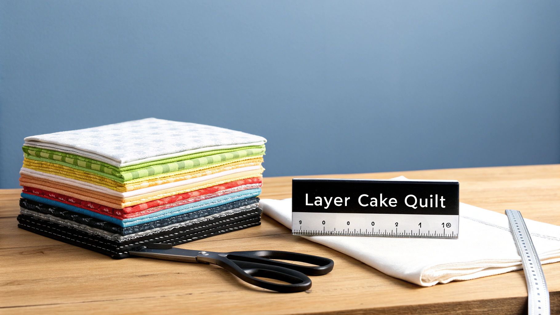 A stack of colorful quilting fabric squares, scissors, and a ruler on a wooden table next to a 'Layer Cake Quilt' sign.