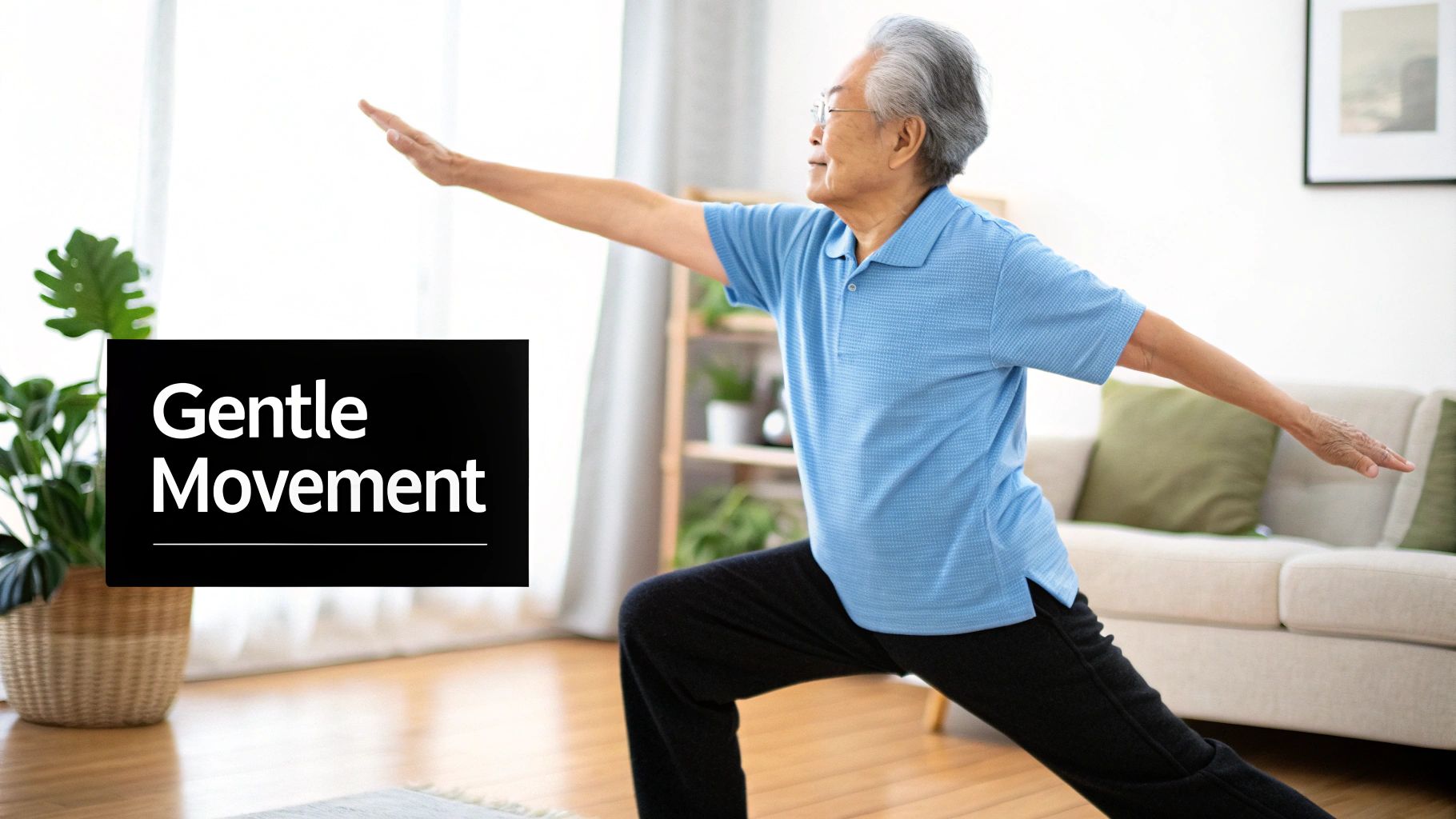 Senior Asian person doing gentle exercise indoors, with 'Gentle Movement' text overlay.