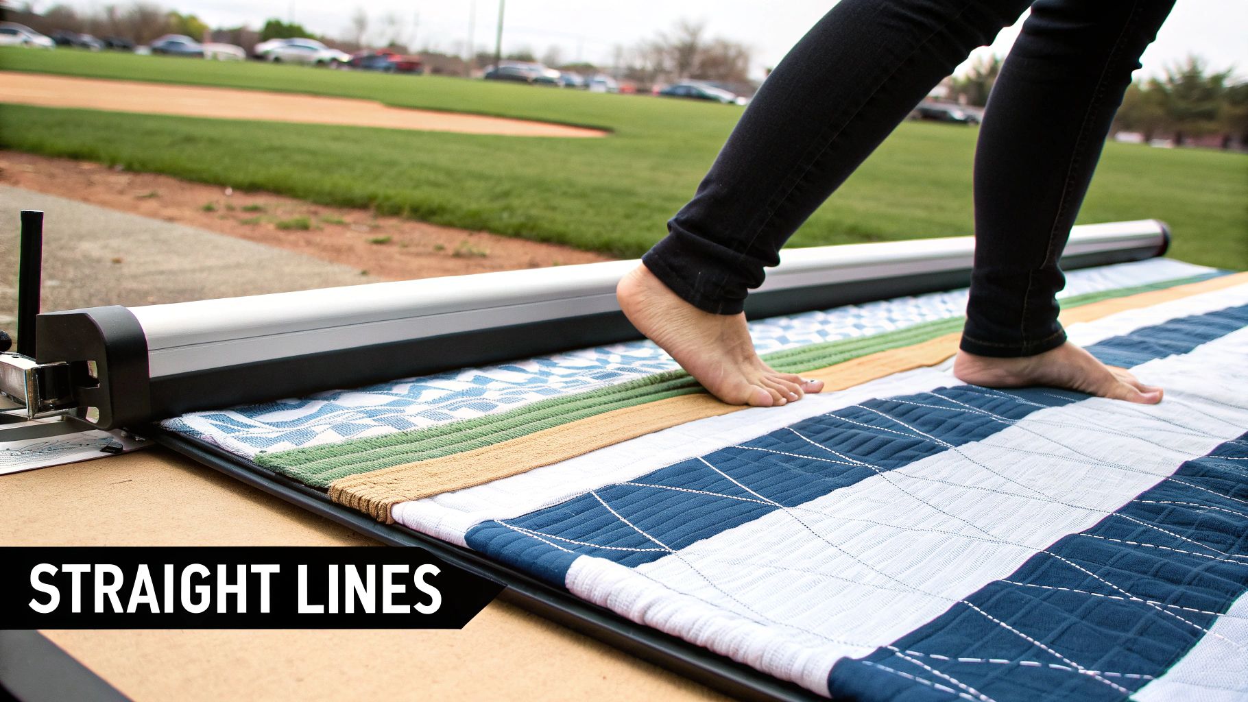 A walking foot quilting straight lines on a colorful quilt top.