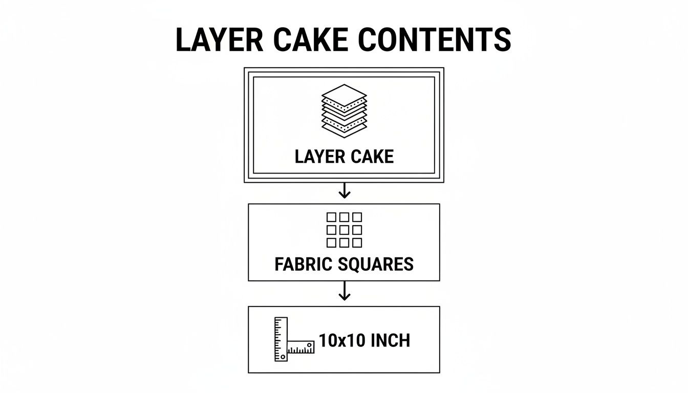 A diagram illustrating layer cake contents, showing stacked fabric squares measuring 10x10 inches.