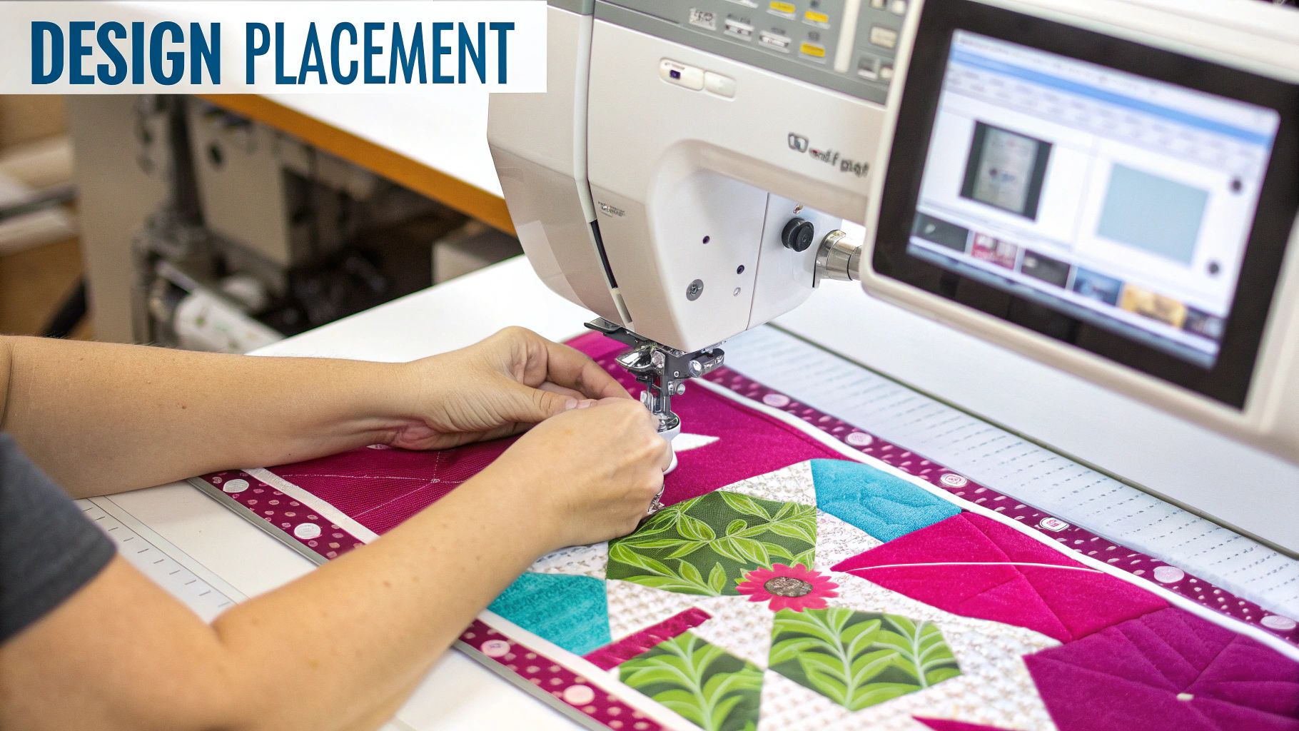 Close-up of an intricate embroidery machine quilting design on a colorful quilt.