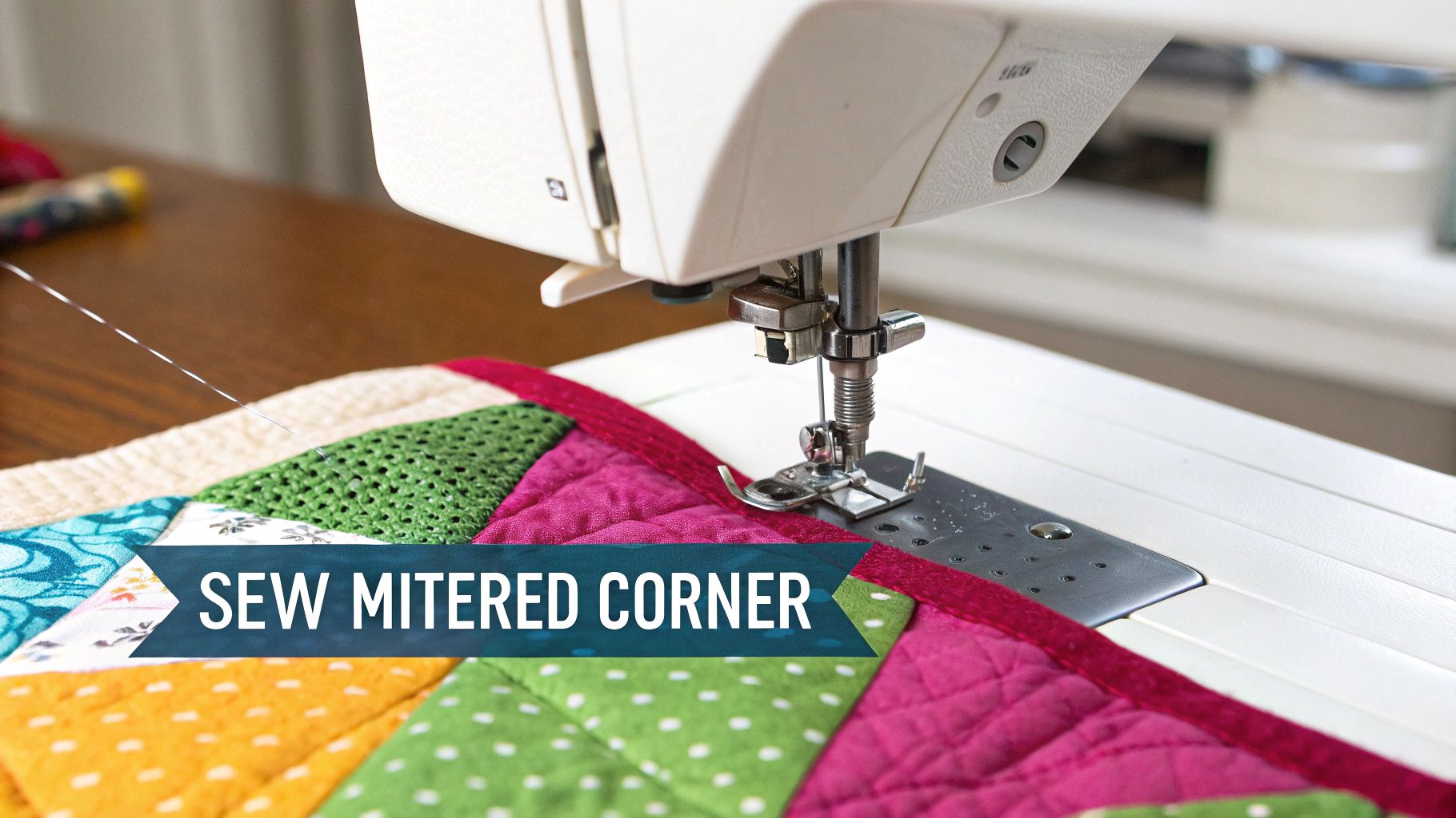 A quilter examining a mitered corner with a seam ripper nearby, representing troubleshooting.