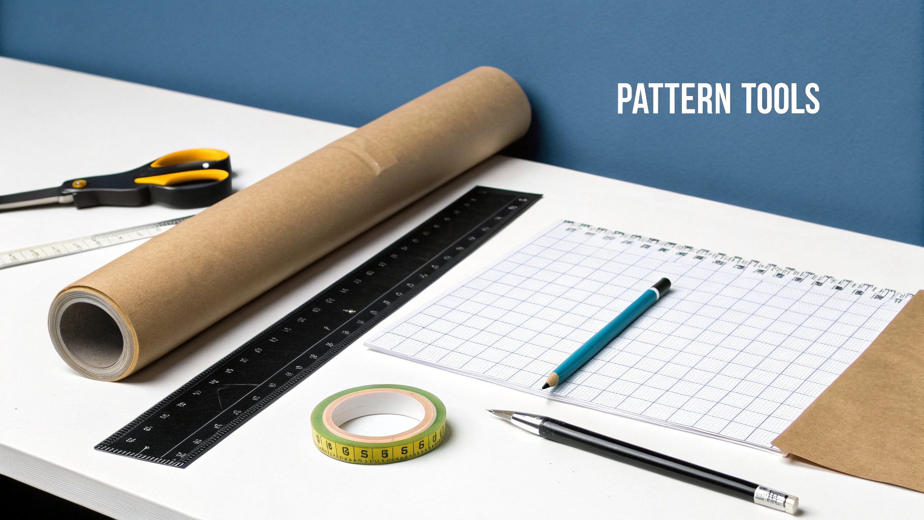 Various pattern-making tools including paper roll, rulers, scissors, graph paper, pencils, and tape on a desk.