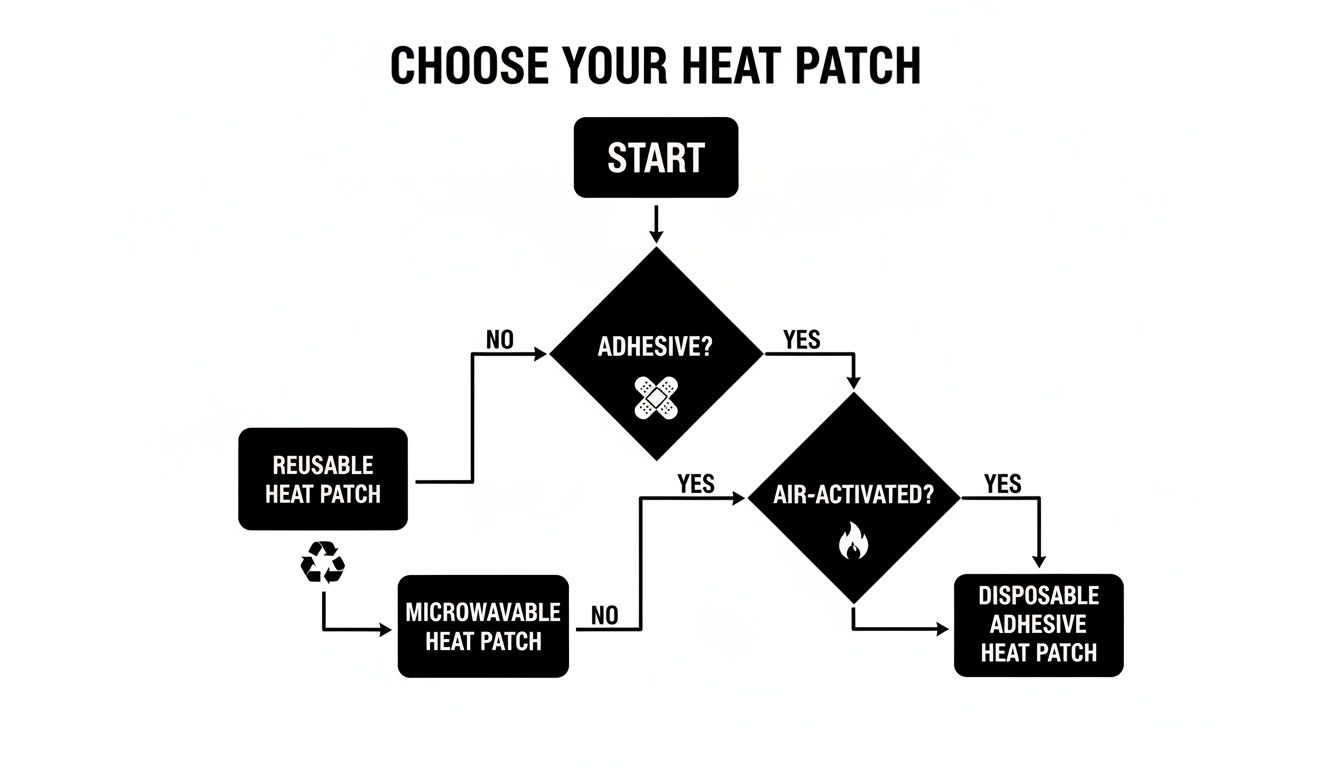 A flowchart guiding the selection of a heat patch based on adhesive and air-activated features.