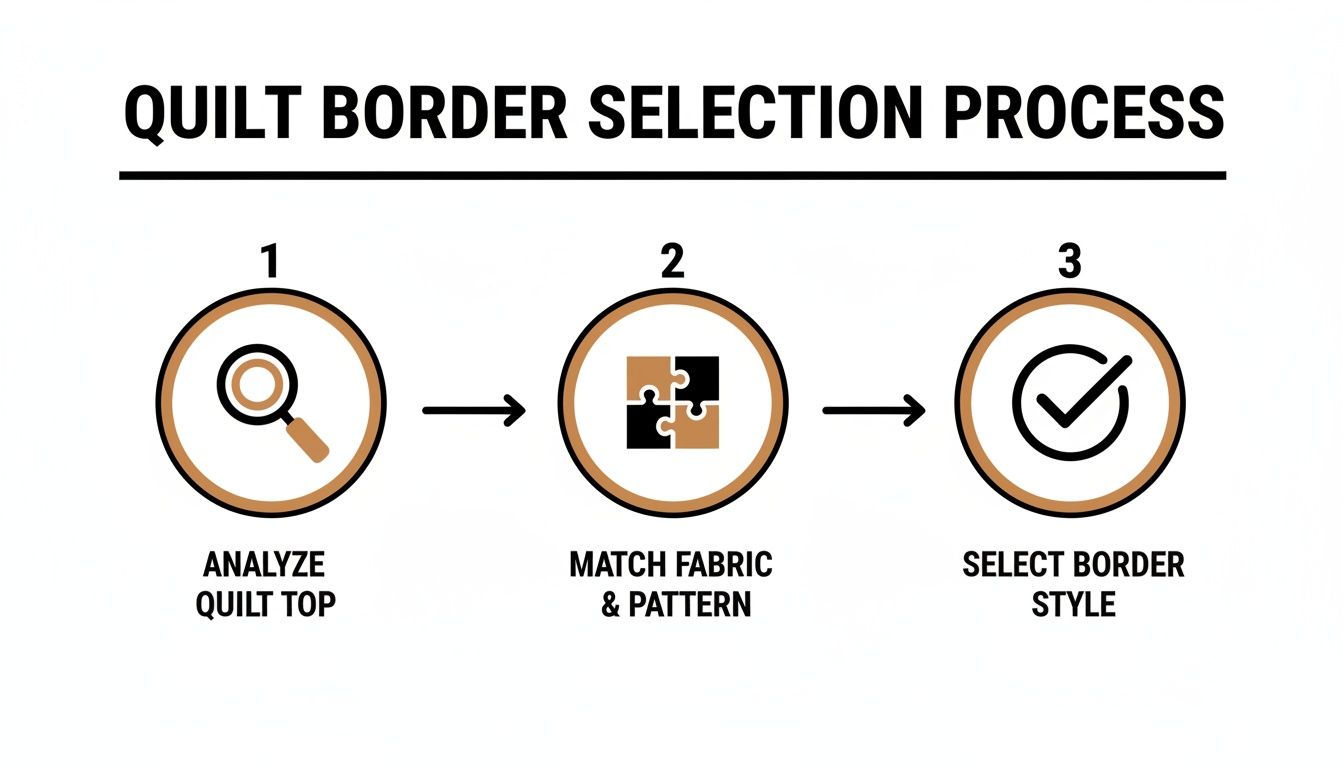A three-step infographic outlining the quilt border selection process, from quilt top analysis to style selection.