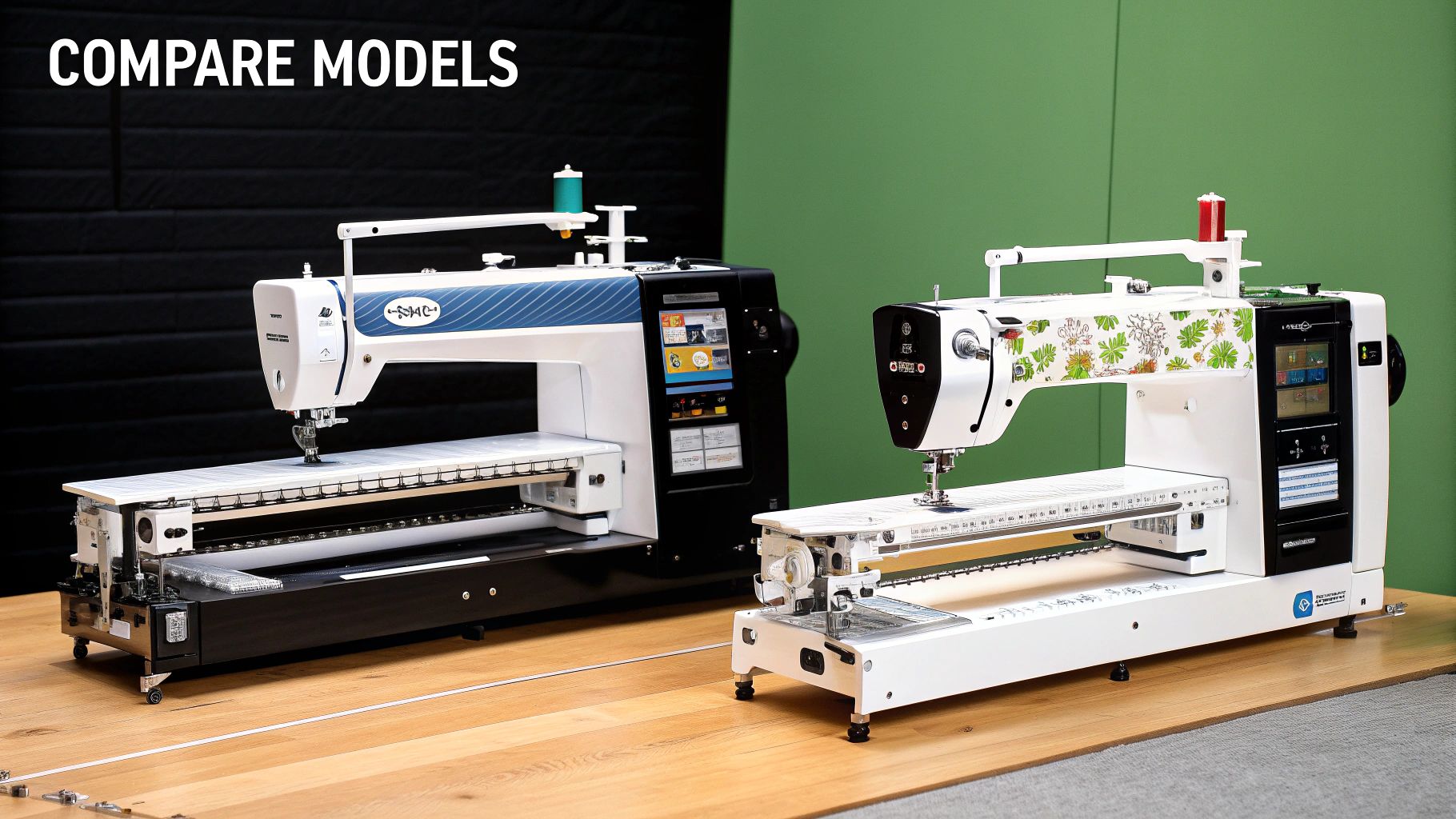 A variety of quilting fabrics and tools laid out around a sewing machine.