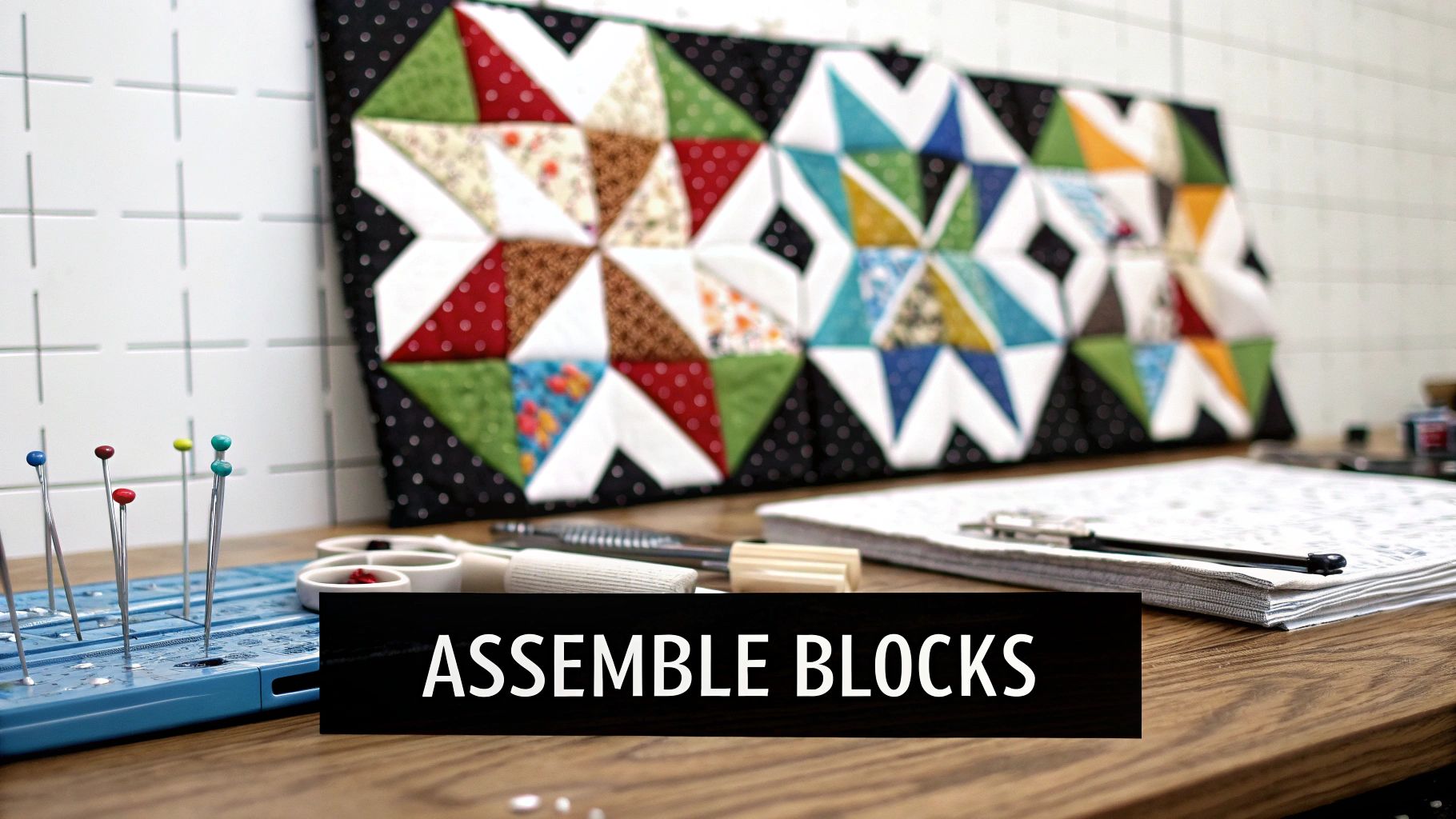 A crafting table with sewing pins, tools, a colorful quilt top, and pattern papers, featuring 'ASSEMBLE BLOCKS' text.