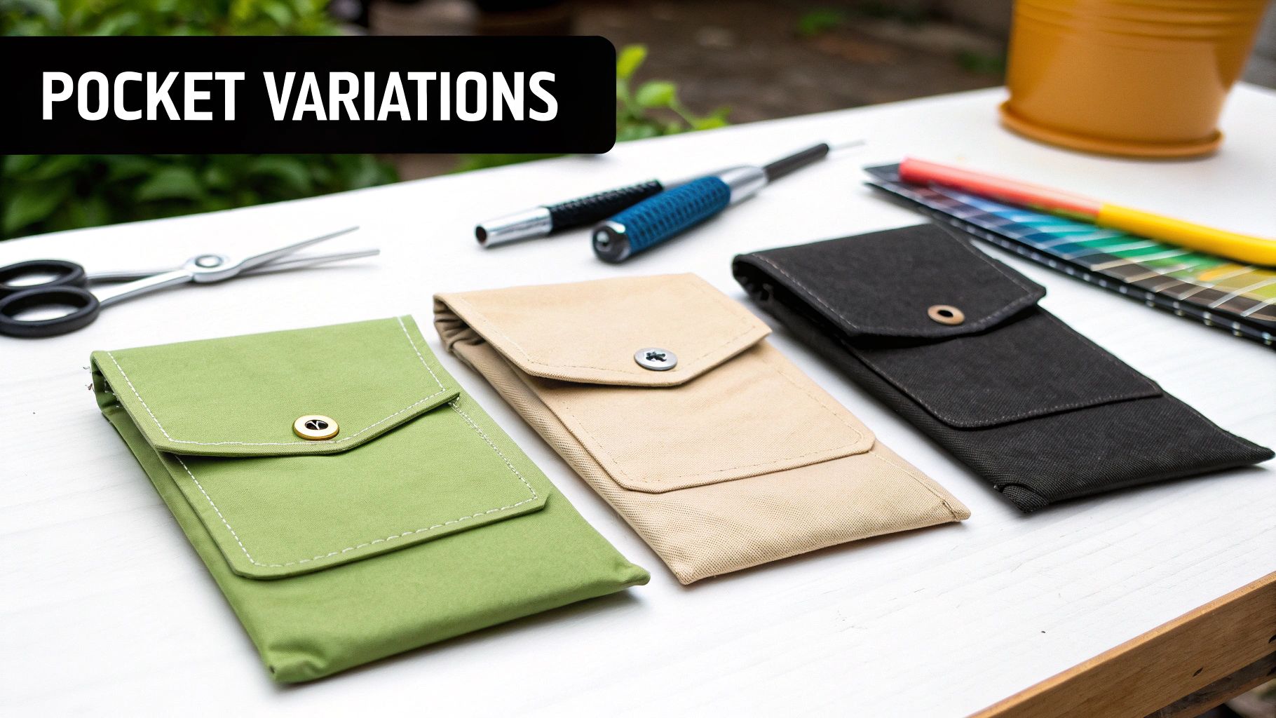 Three fabric pouches in green, beige, and black demonstrating different pocket variations with closures, alongside sewing tools.
