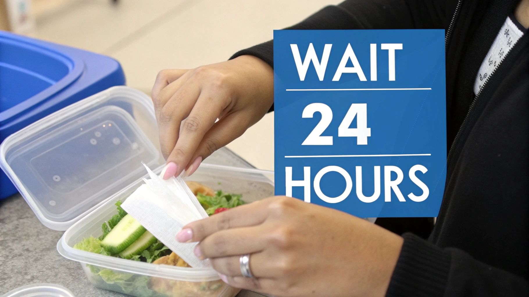 A person's hands placing a small white packet into a clear plastic food container filled with fresh salad, with a 'WAIT 24 HOURS' text overlay.