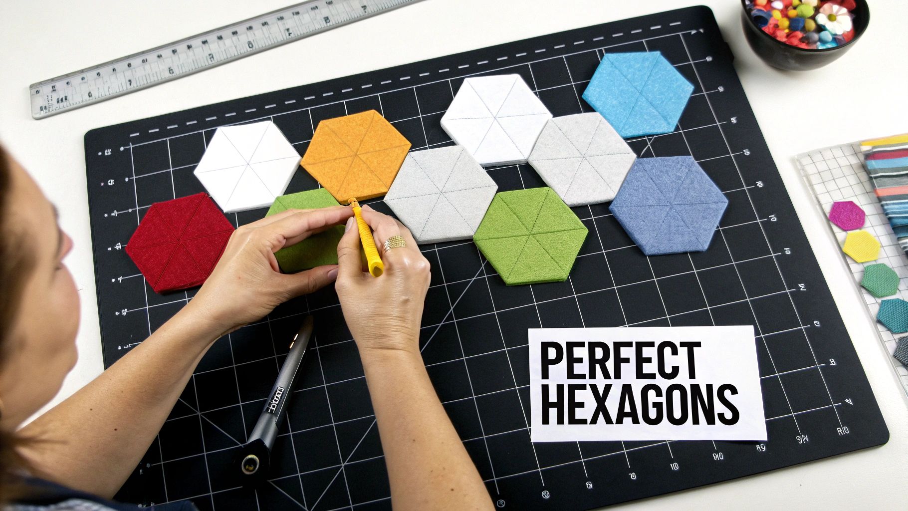 A person's hands mark a green felt hexagon on a black cutting mat amidst colorful fabric hexagons.