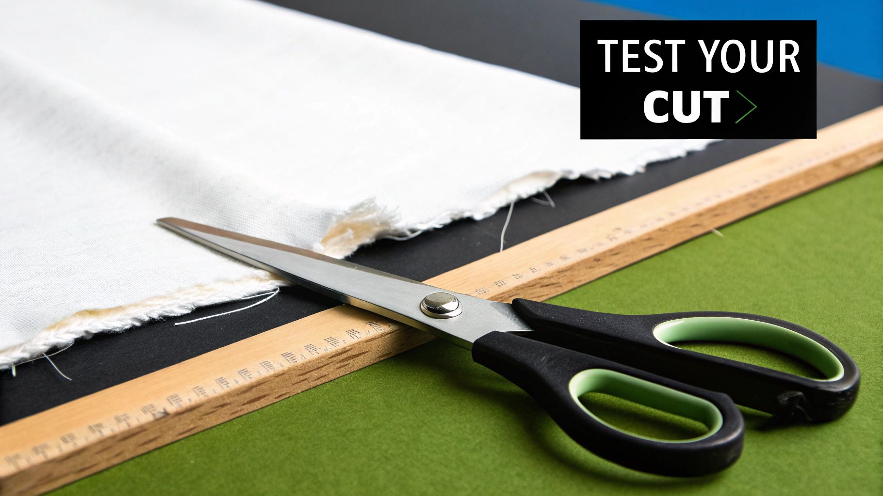 A person testing a pair of sharpened scissors on a piece of light blue silk fabric, showing a clean, precise cut.