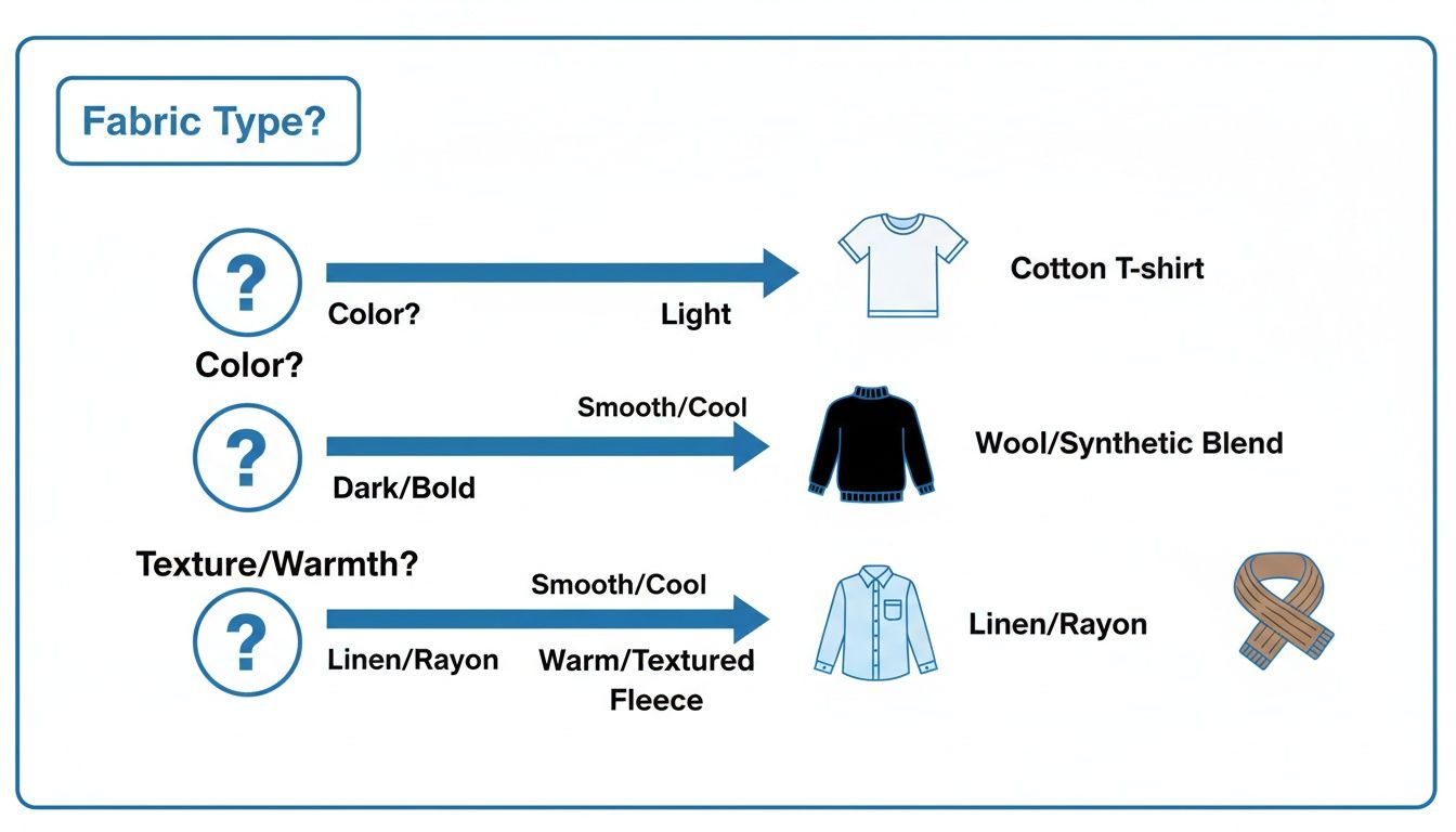 A diagram illustrating fabric types for clothing based on characteristics like color and texture.
