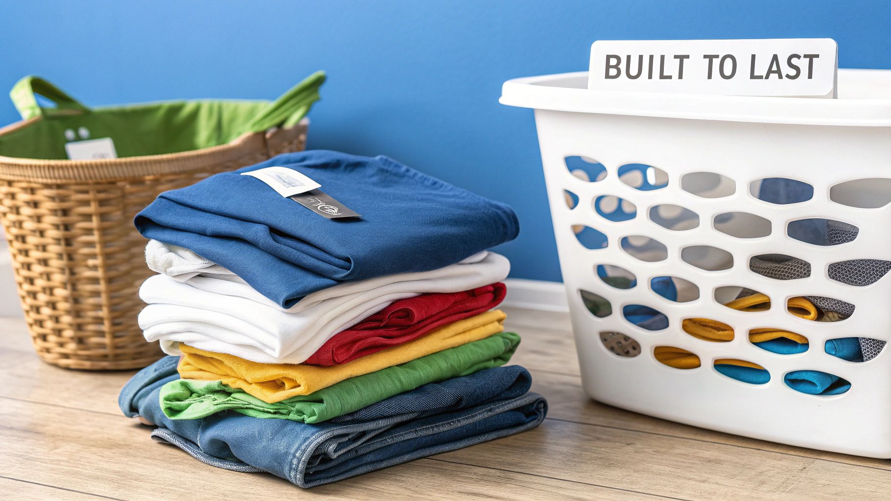 A neat stack of colorful, folded clothes on a wood floor between two laundry baskets.