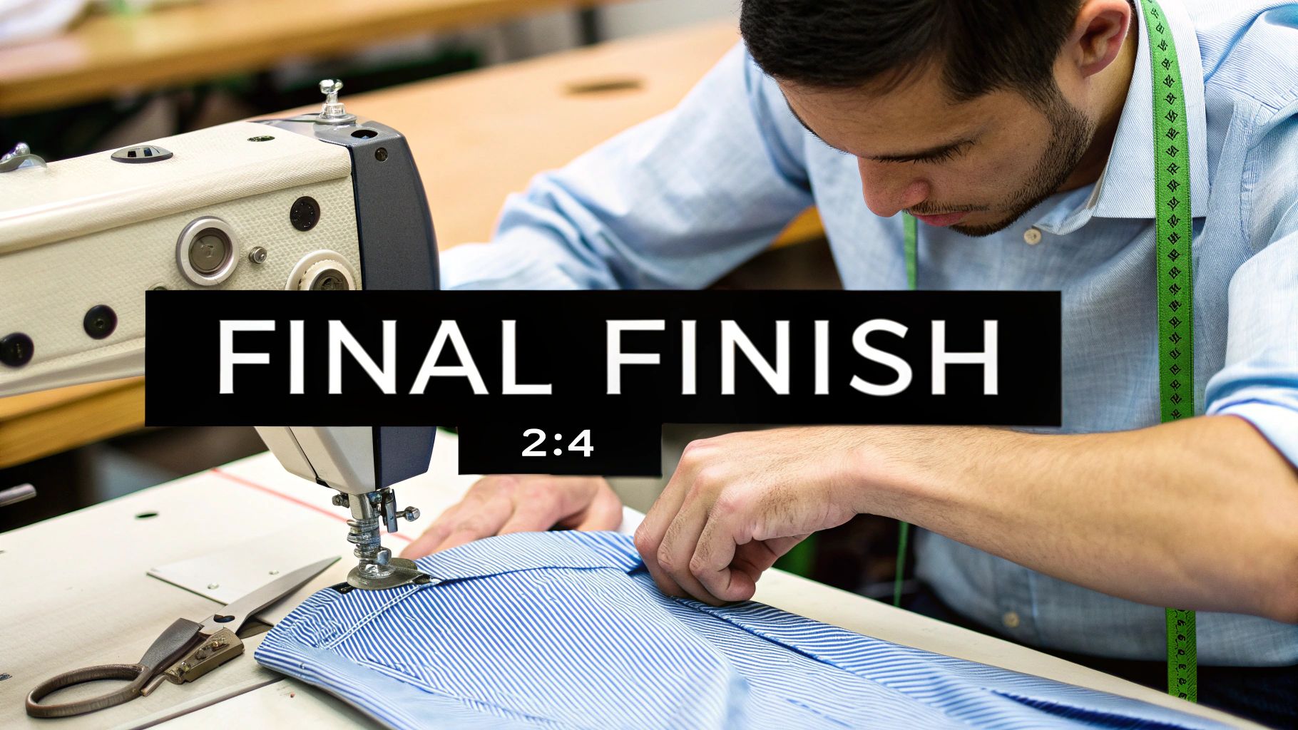 A tailor meticulously sewing a striped blue shirt on an industrial sewing machine with a measuring tape.