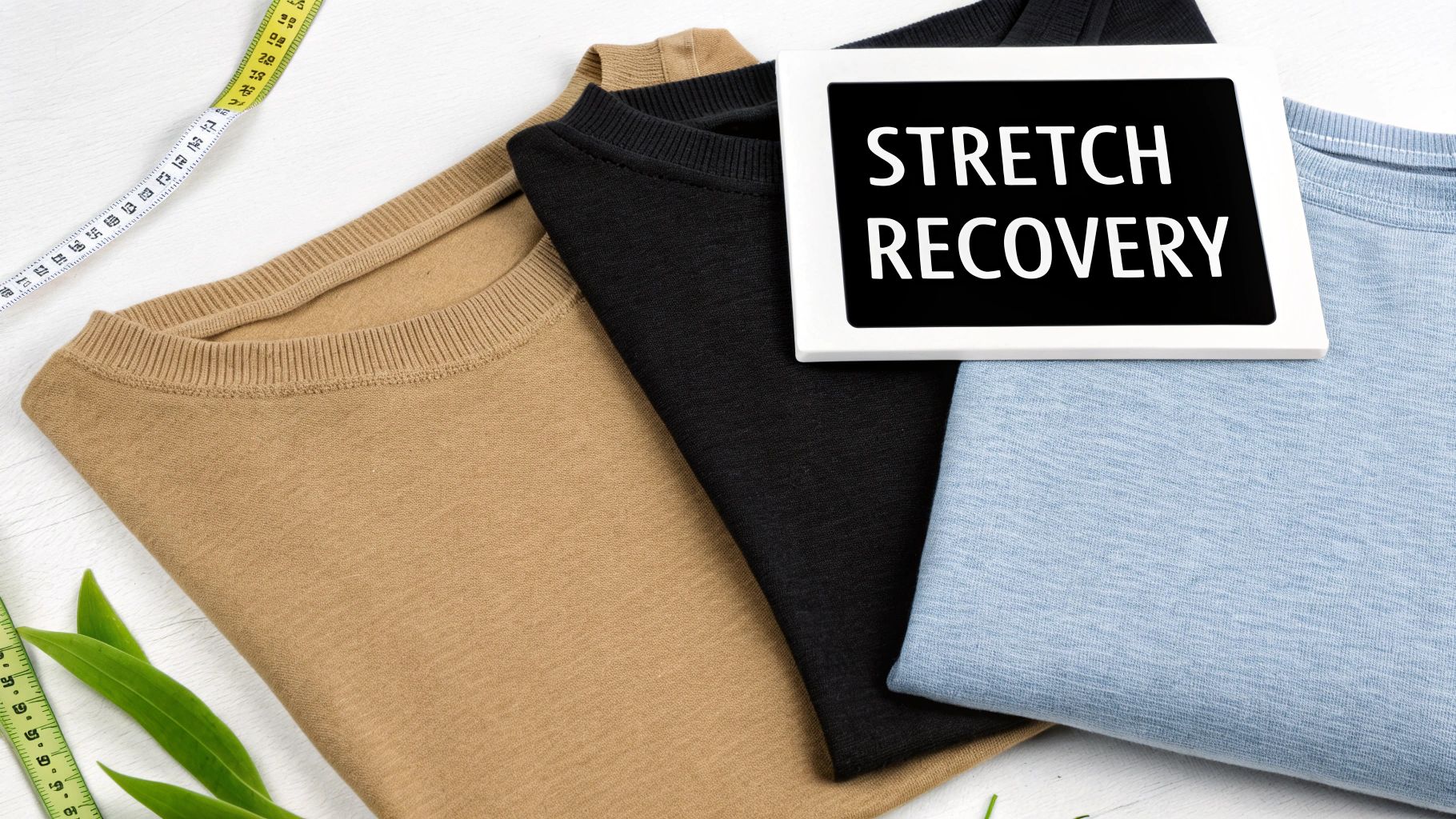 Three folded t-shirts in tan, black, and light blue with a 'STRETCH RECOVERY' sign, measuring tape, and green leaves.