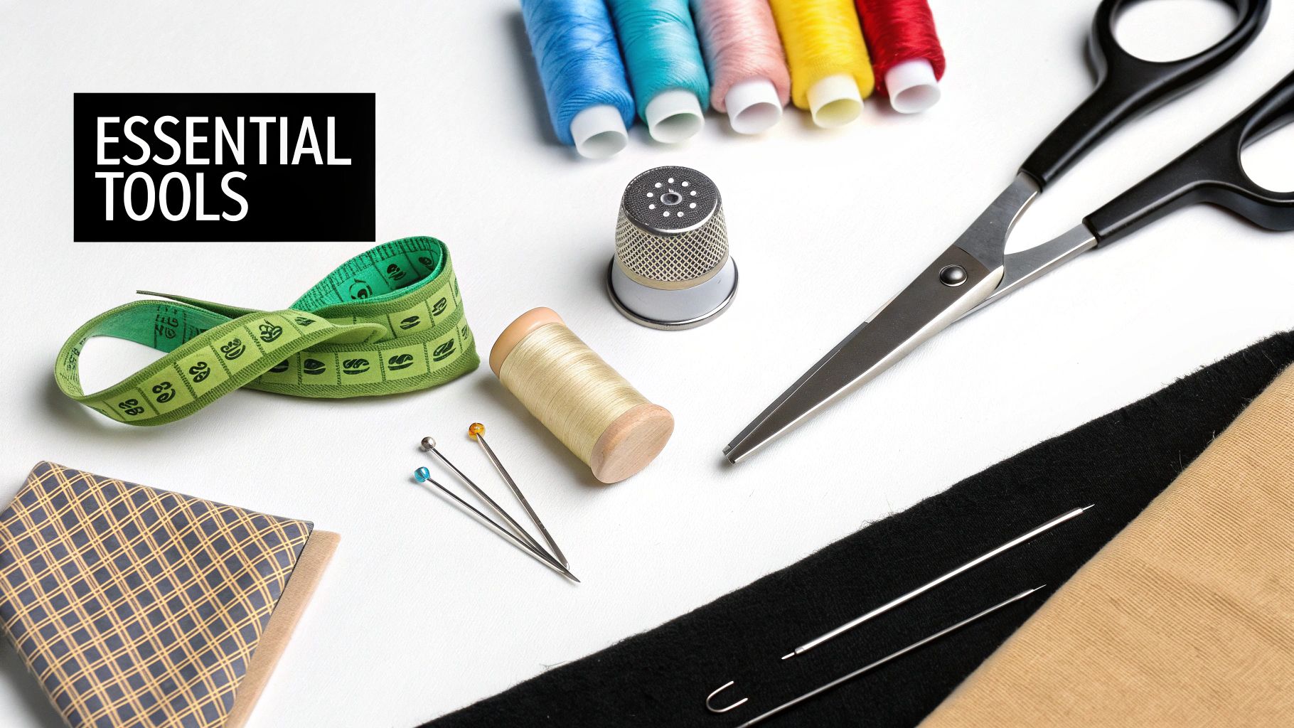 A flat lay of various essential sewing tools, including colorful threads, scissors, a thimble, and measuring tape.