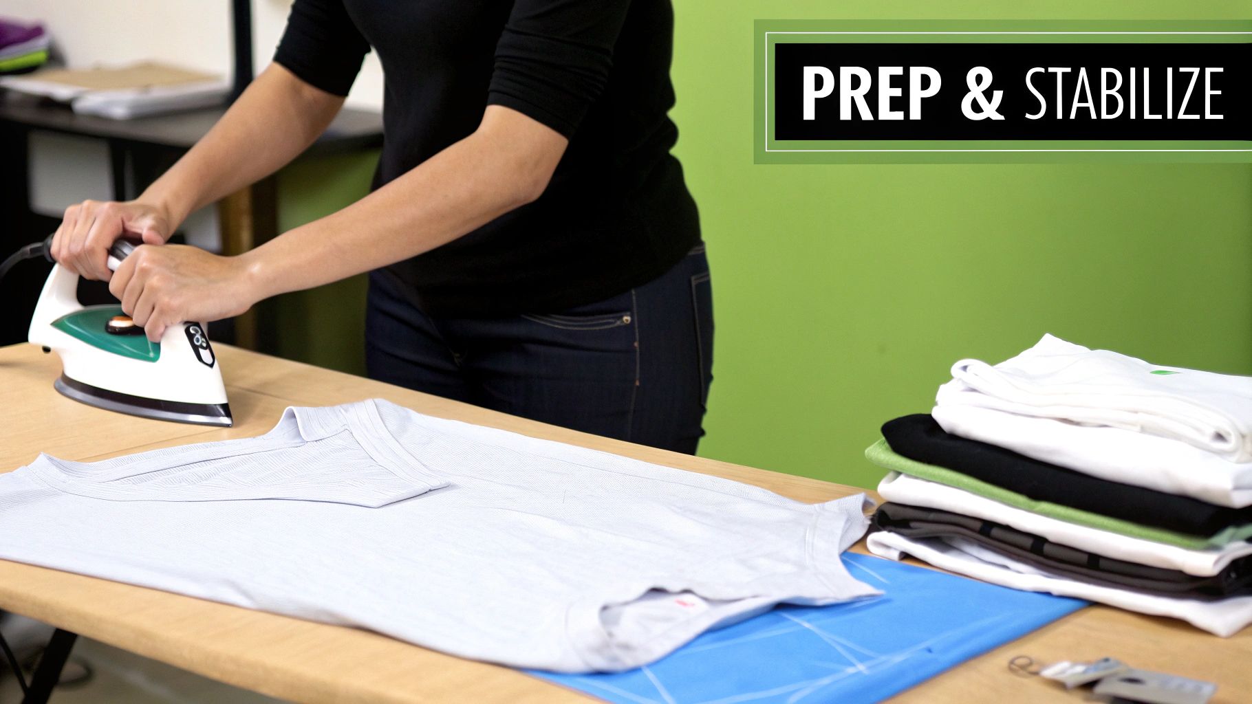 A person ironing a light t-shirt on a table, preparing it under a 'PREP & STABILIZE' banner.