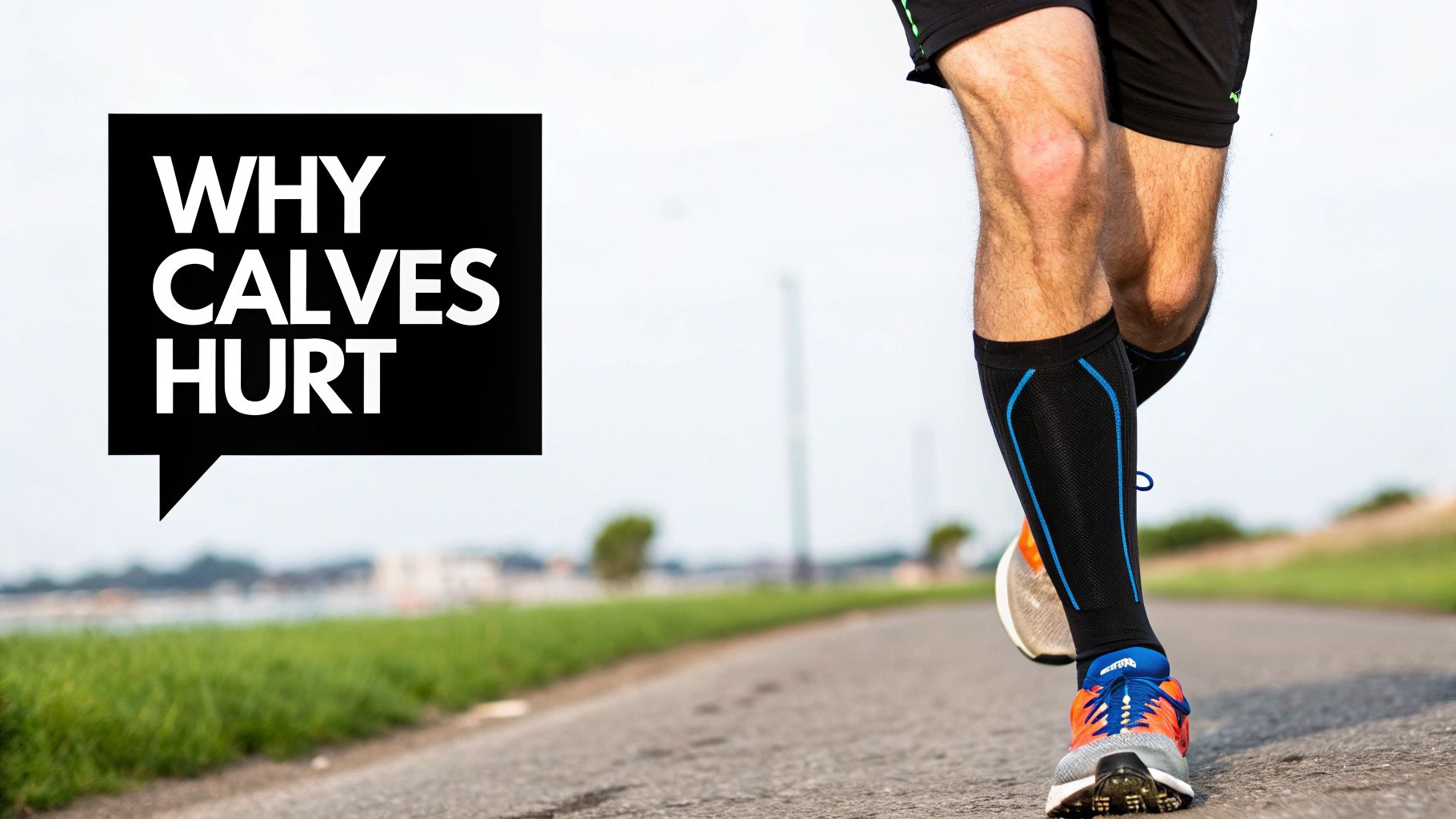 A runner's legs wearing compression sleeves and shoes on a path, with text 'WHY CALVES HURT'.