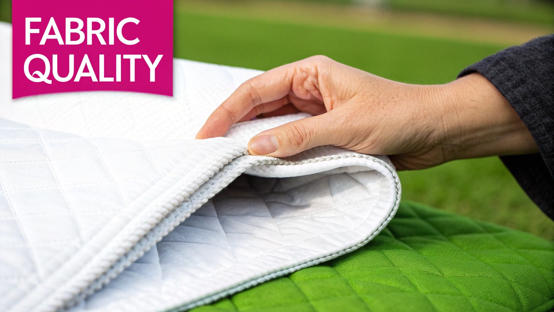A quilter's hands feeling a stack of colorful, high-quality quilting fabrics.
